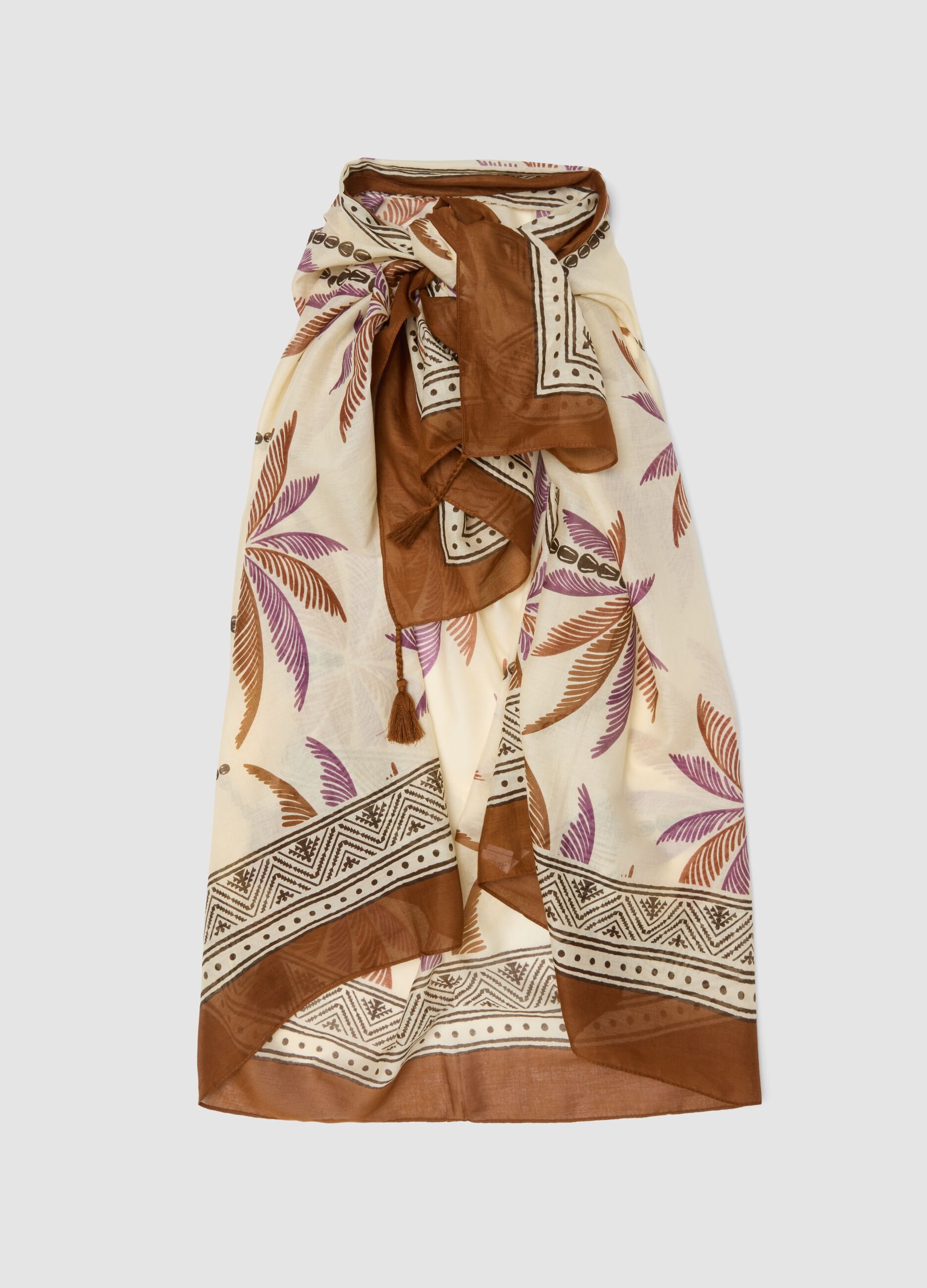 Brown pure cotton pareo with tropical print
