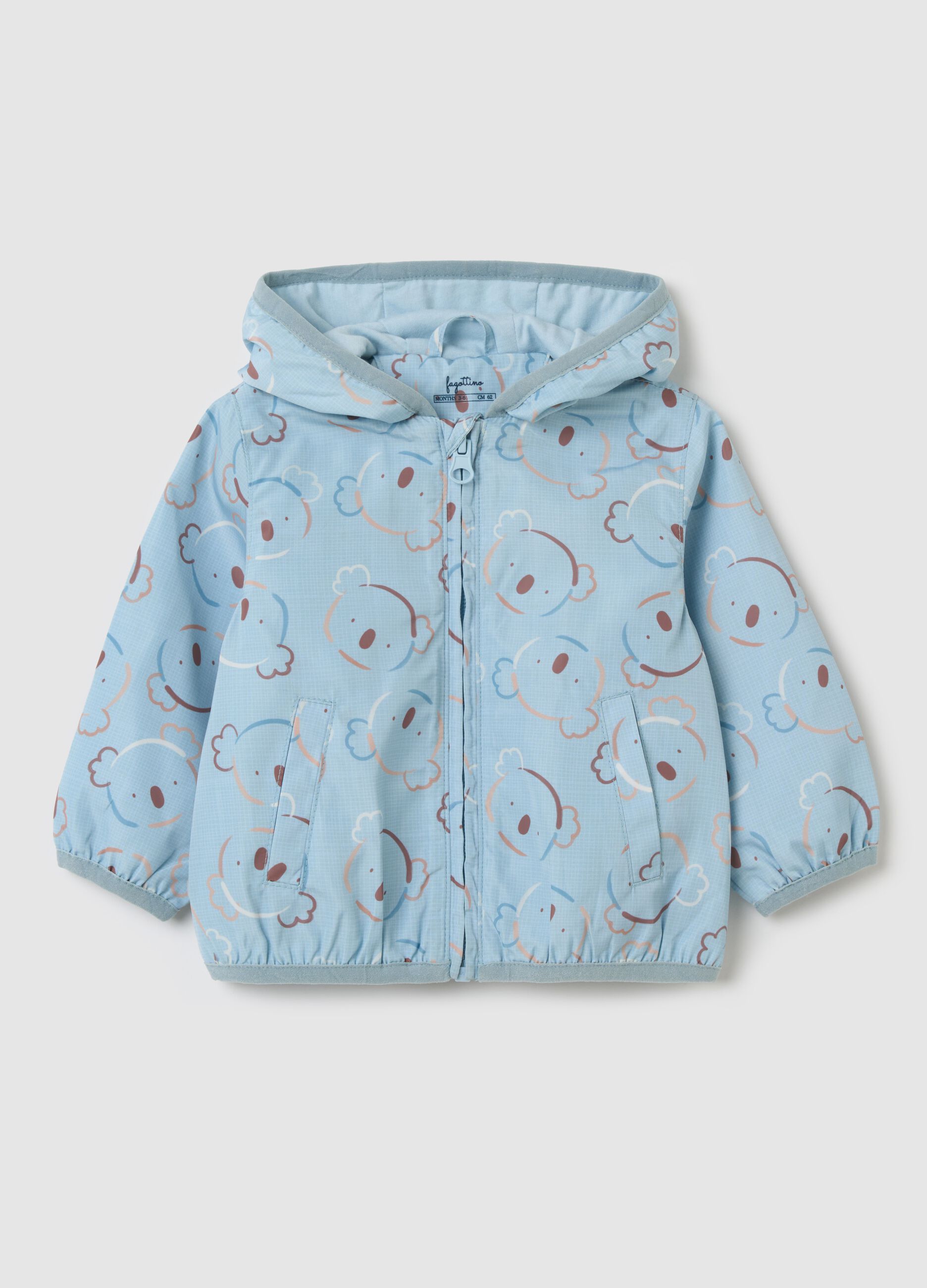 Waterproof jacket with hood and koala print