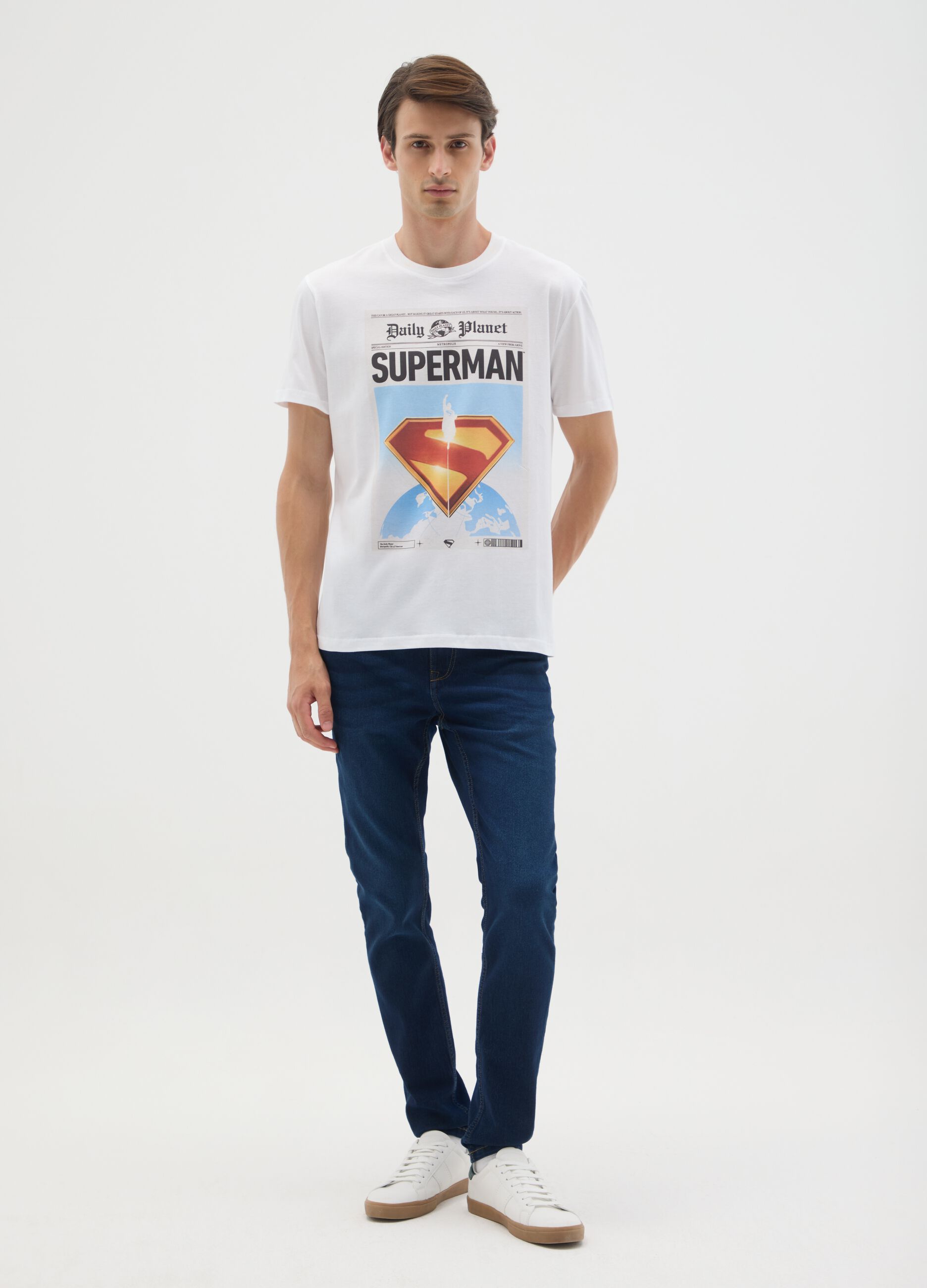 Men's white pure cotton T-shirt with Superman logo