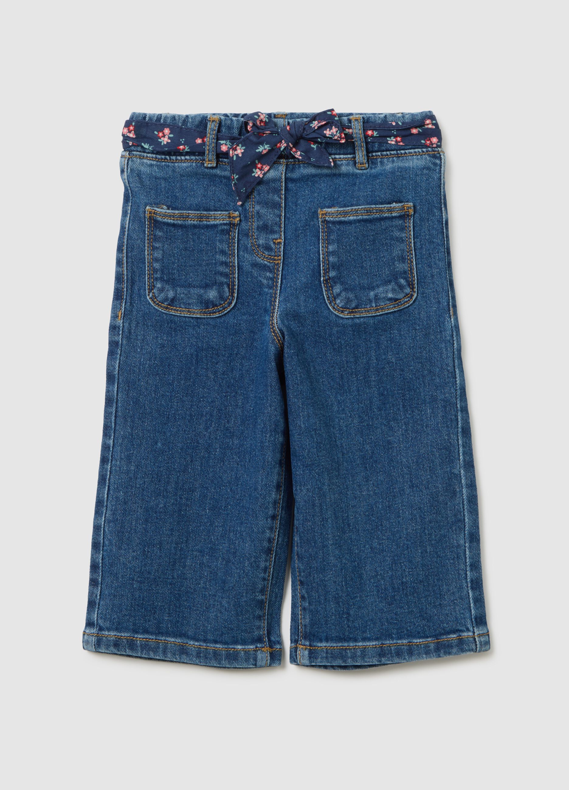 Wide elasticated blue denim trousers for girls