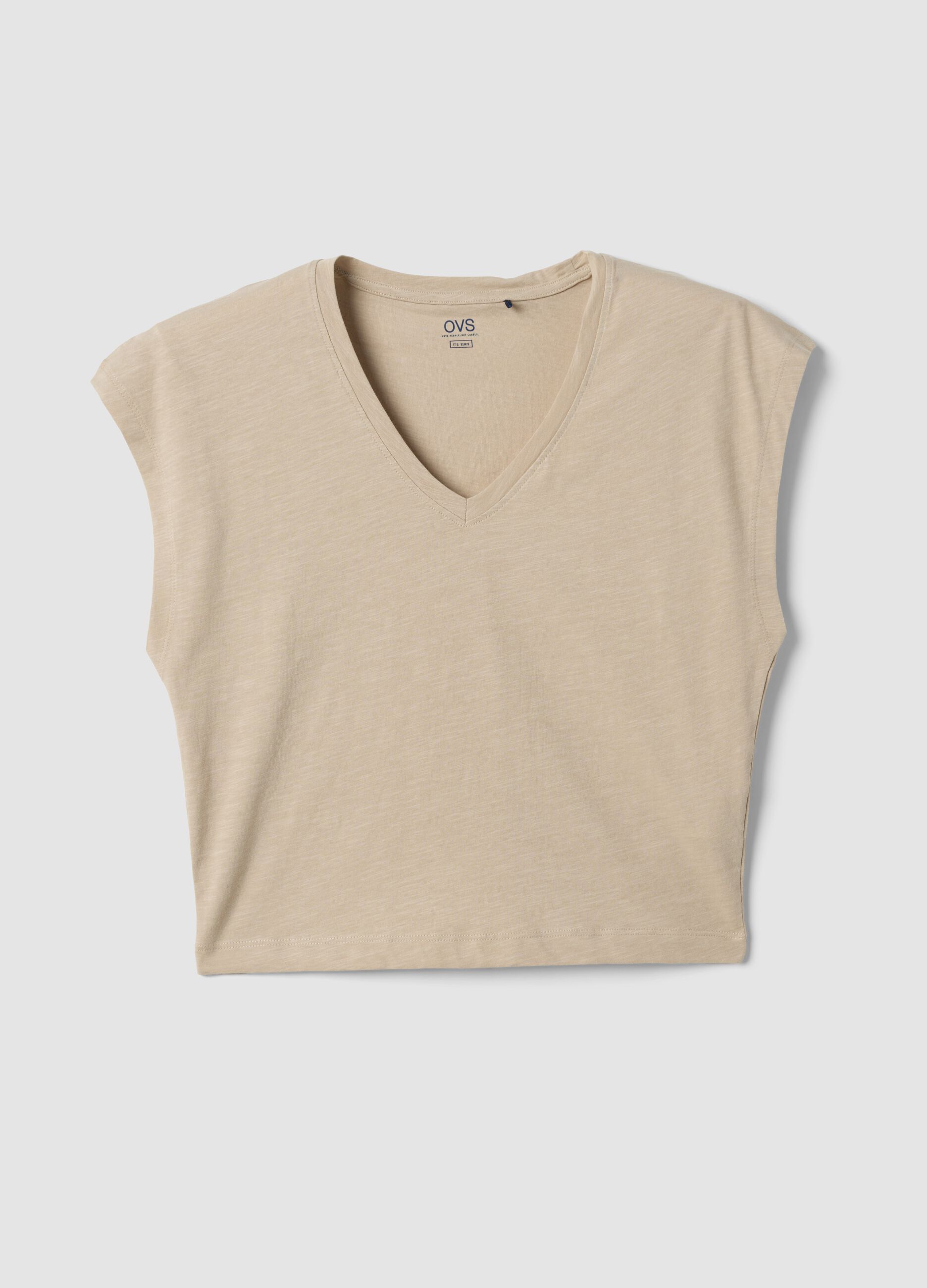 Beige pure cotton V-neck T-shirt