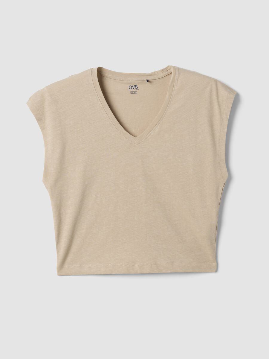 Beige pure cotton V-neck T-shirt_0