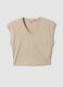Beige pure cotton V-neck T-shirt_0