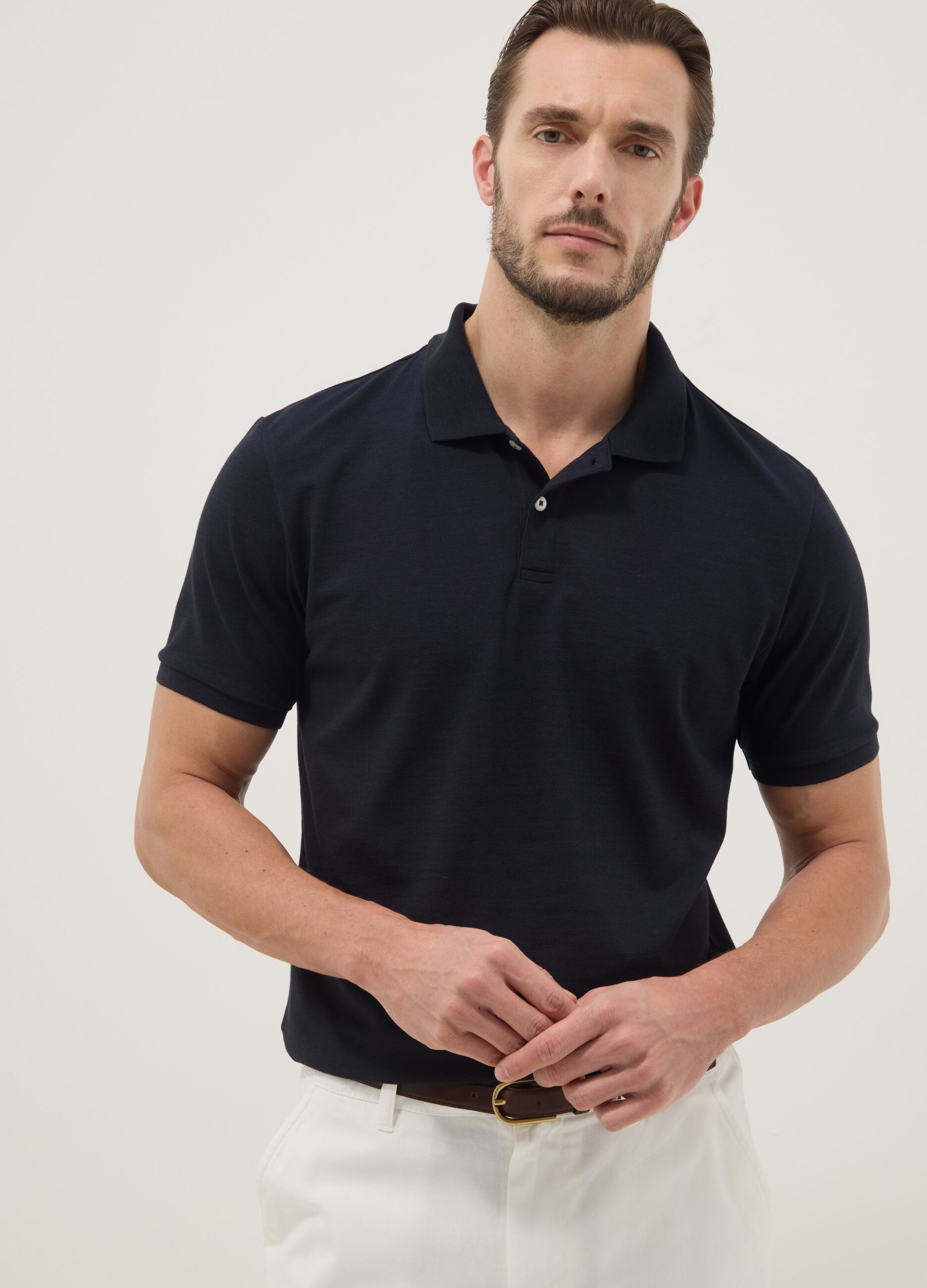 Black regular fit stretch cotton-blend polo