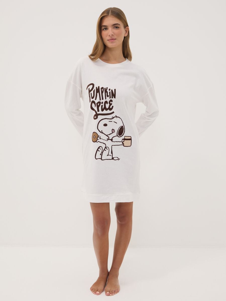 Camicia da notte bianco panna in puro cotone con stampa Peanuts_0