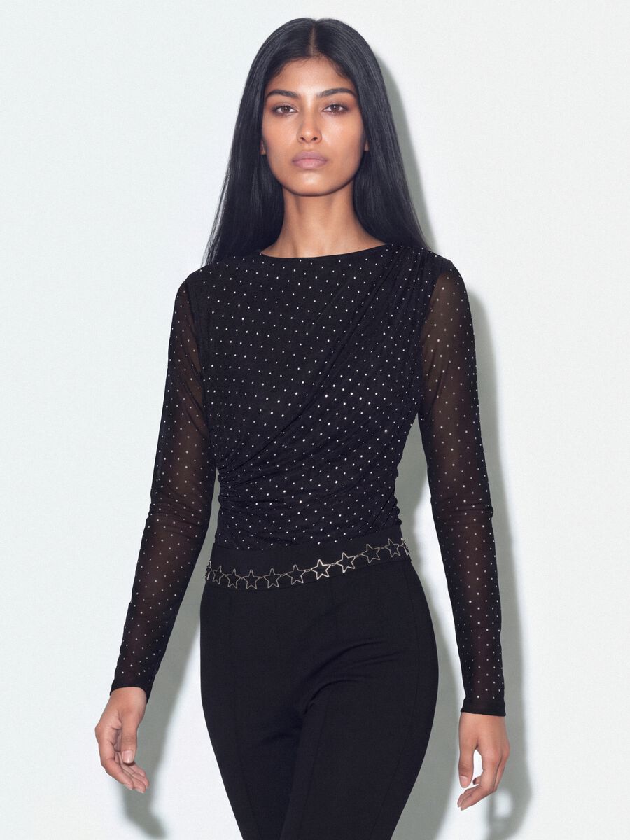 Black fitted stretch bodysuit with rhinestones_0