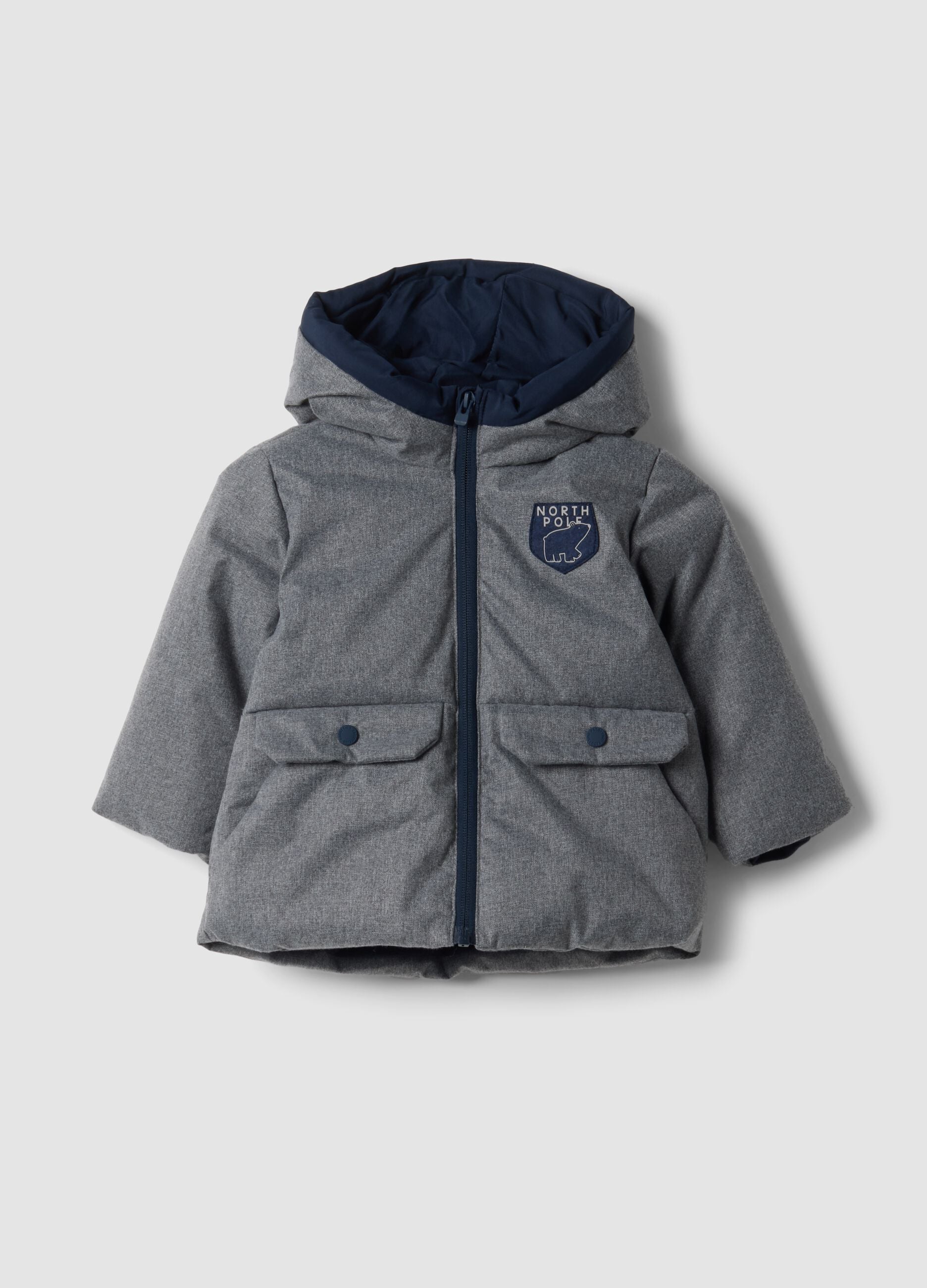 Long grey padded jacket with hood and zip