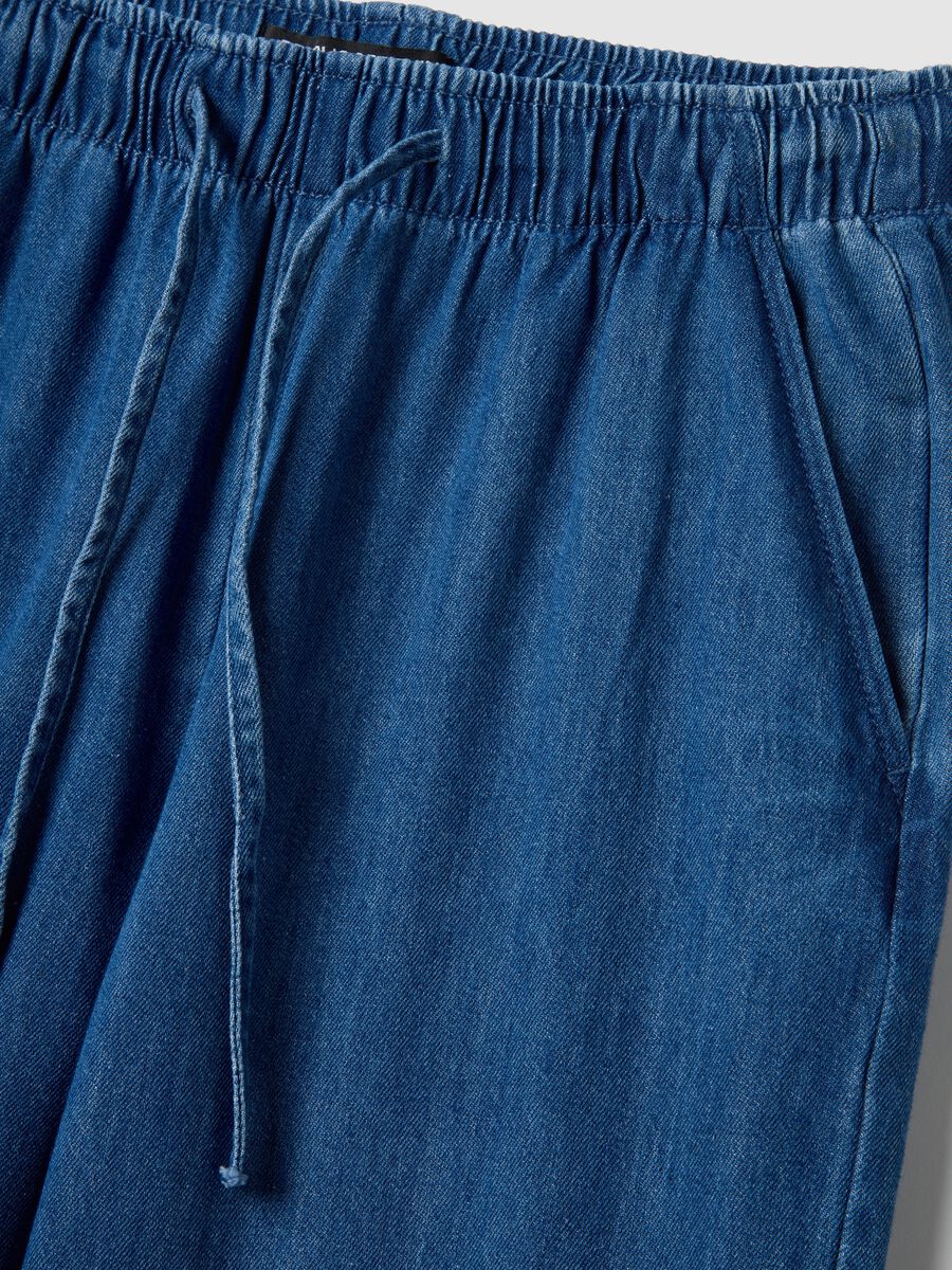 Wide leg blue denim pure cotton trousers with elastic waistband_5