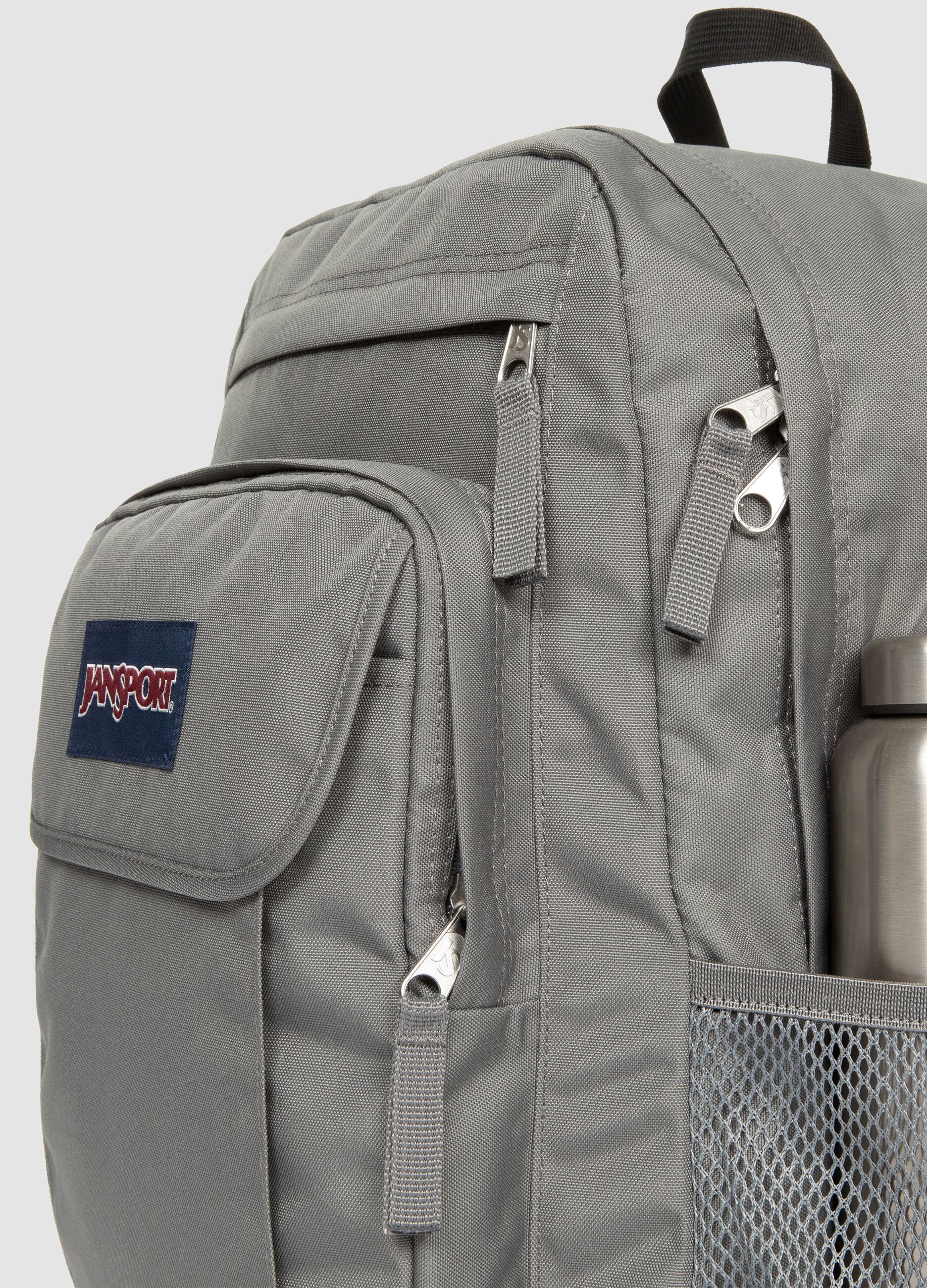 Grey backpack with front pocket and detailing