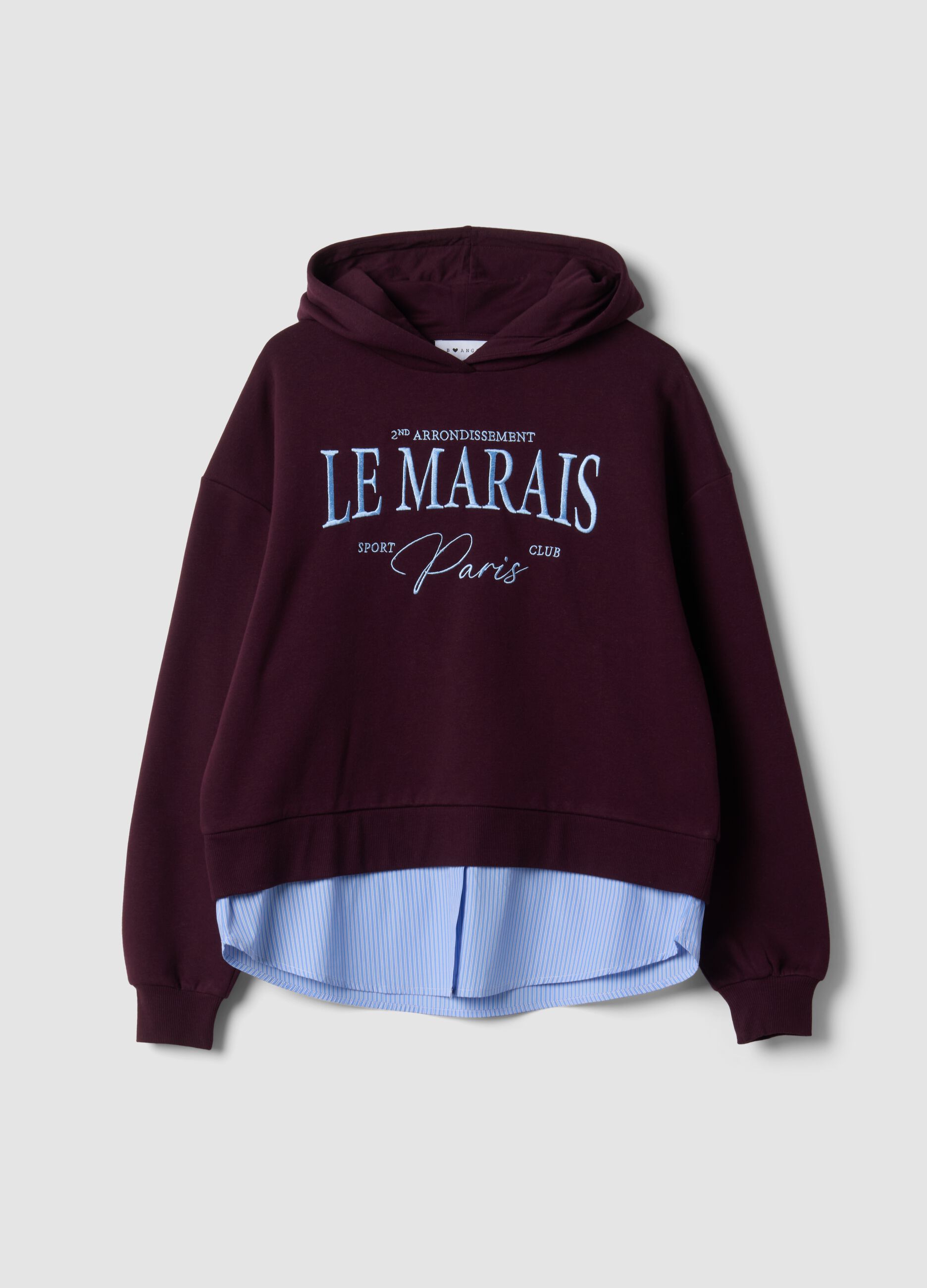 Purple cotton-blend hoodie with faux shirt hem