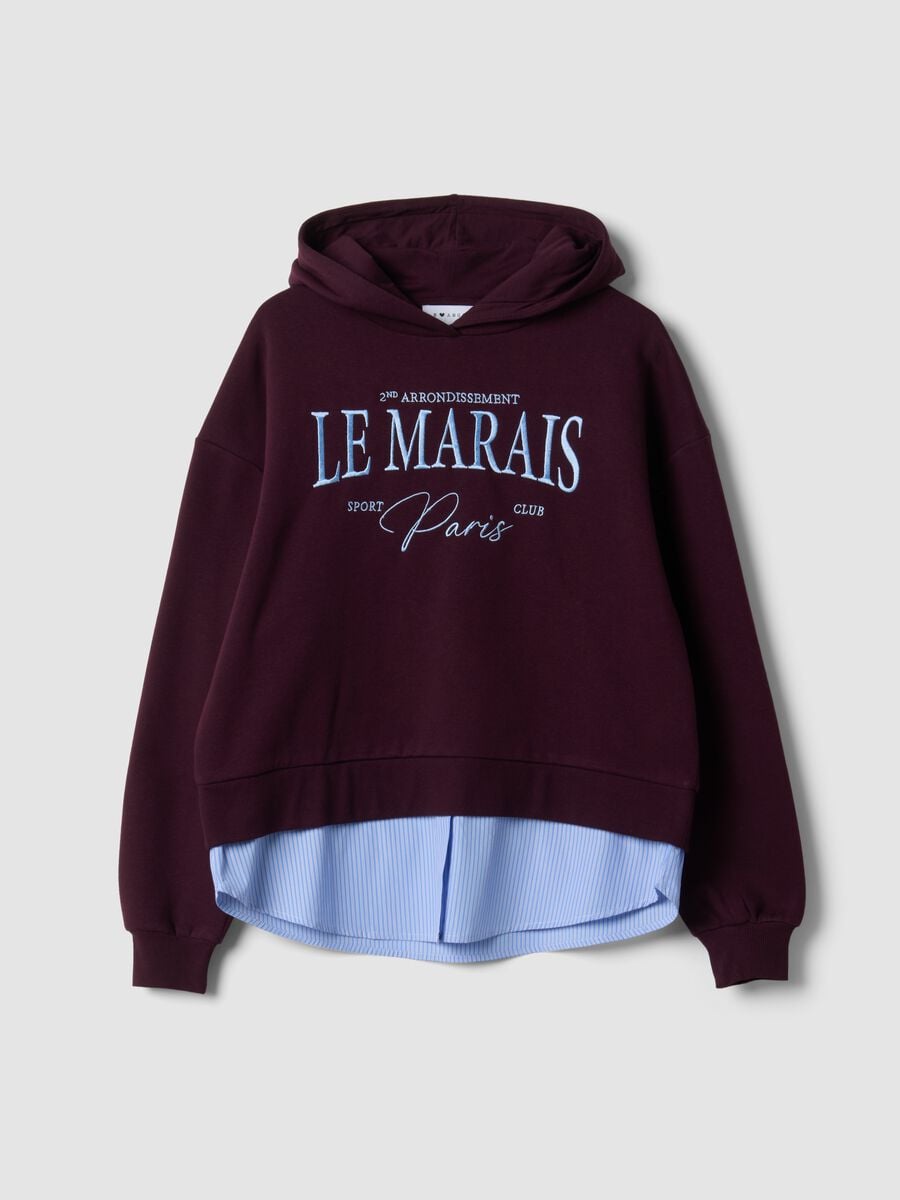Purple cotton-blend hoodie with faux shirt hem_0
