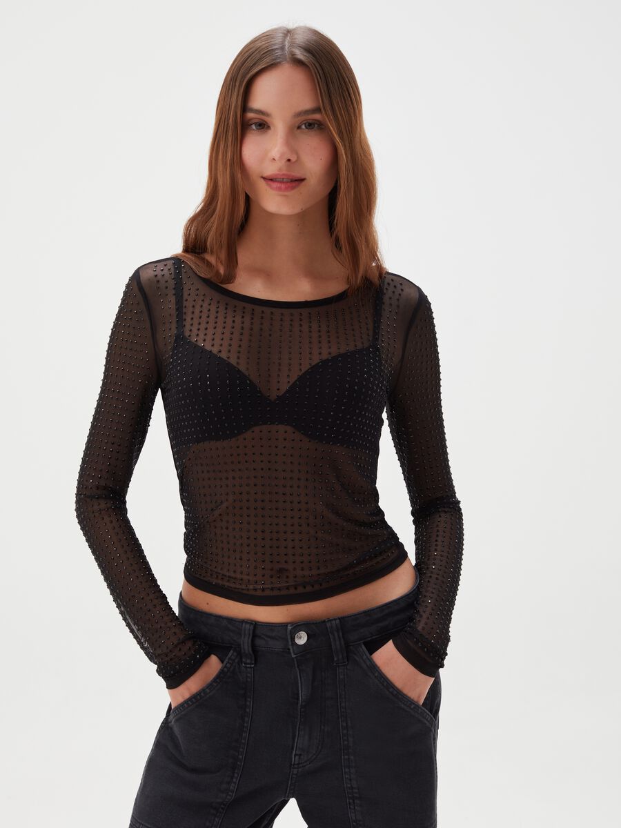T-shirt in mesh con strass all-over_1