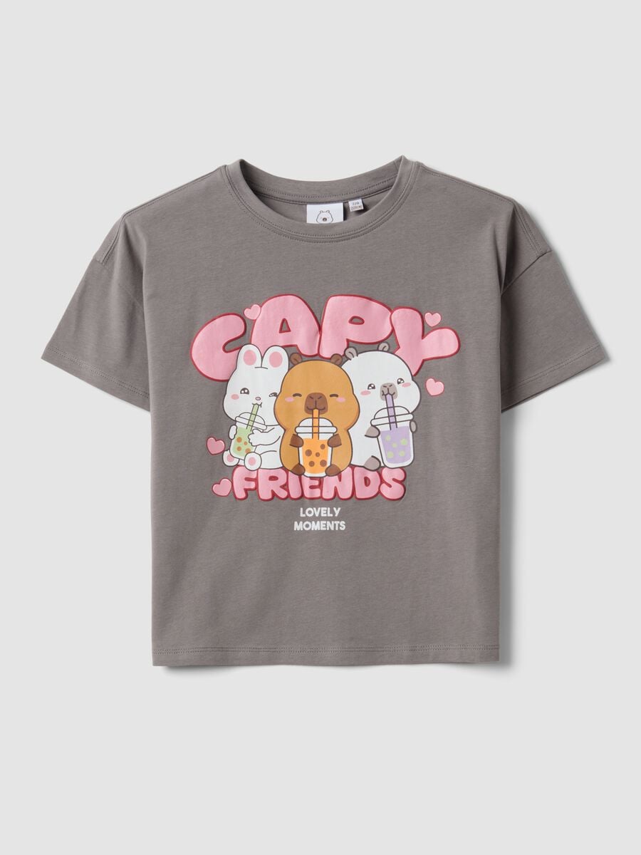 T-shirt grigia in cotone elasticizzato con stampa capibara per bambina_0