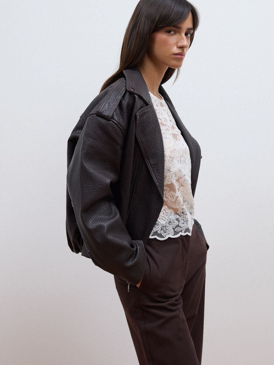 Giacca biker marrone in vera pelle over fit_2