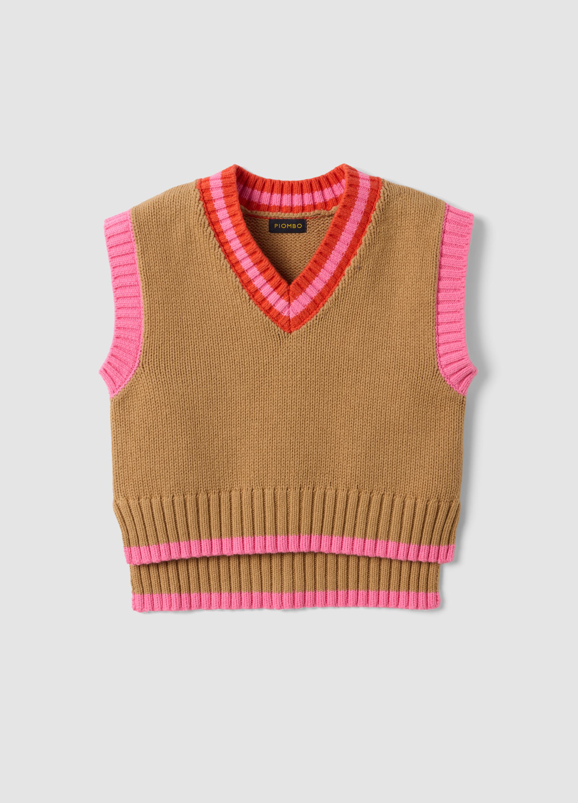 Gilet marrone in misto cotone con scollo a V e profilo a contrasto per bambina