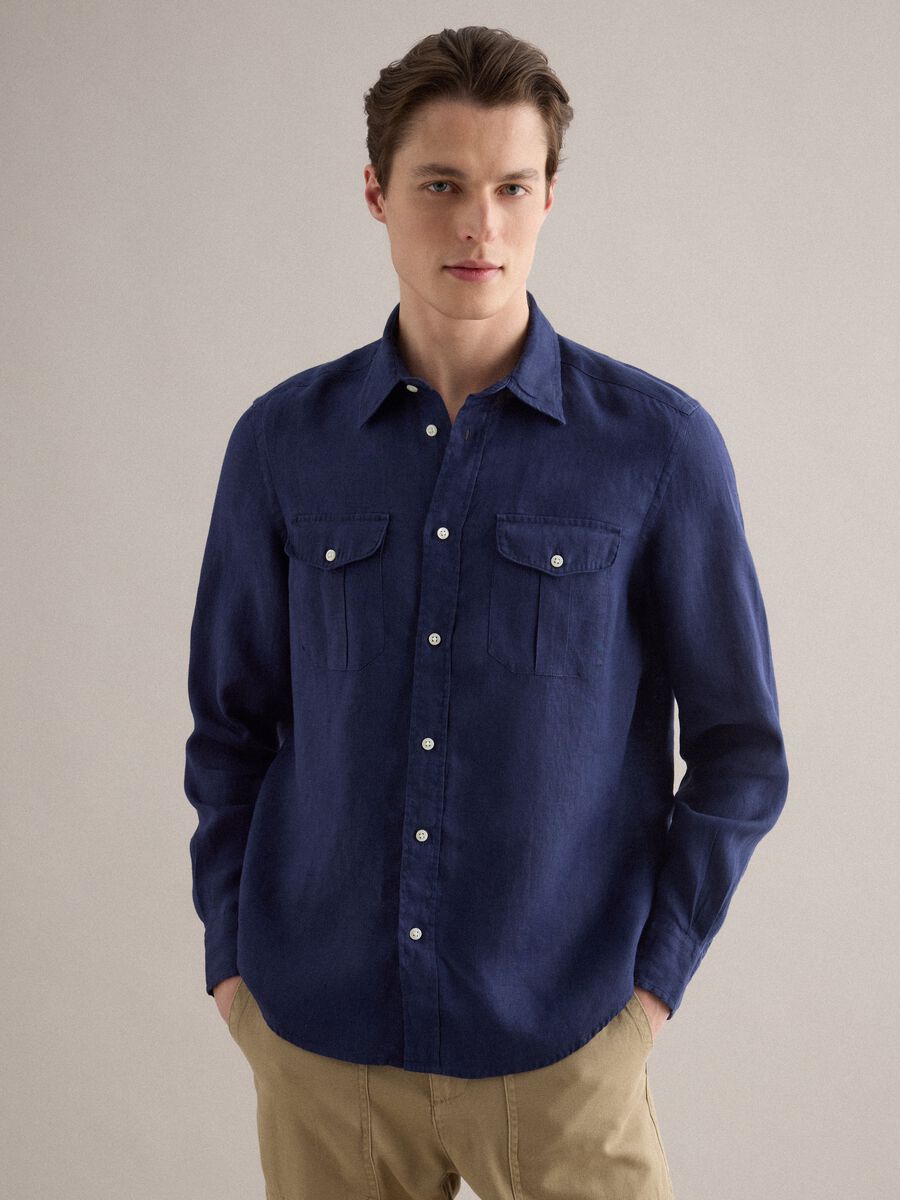 Regular Fit Long-Sleeve Pure Linen Blue Shirt_1