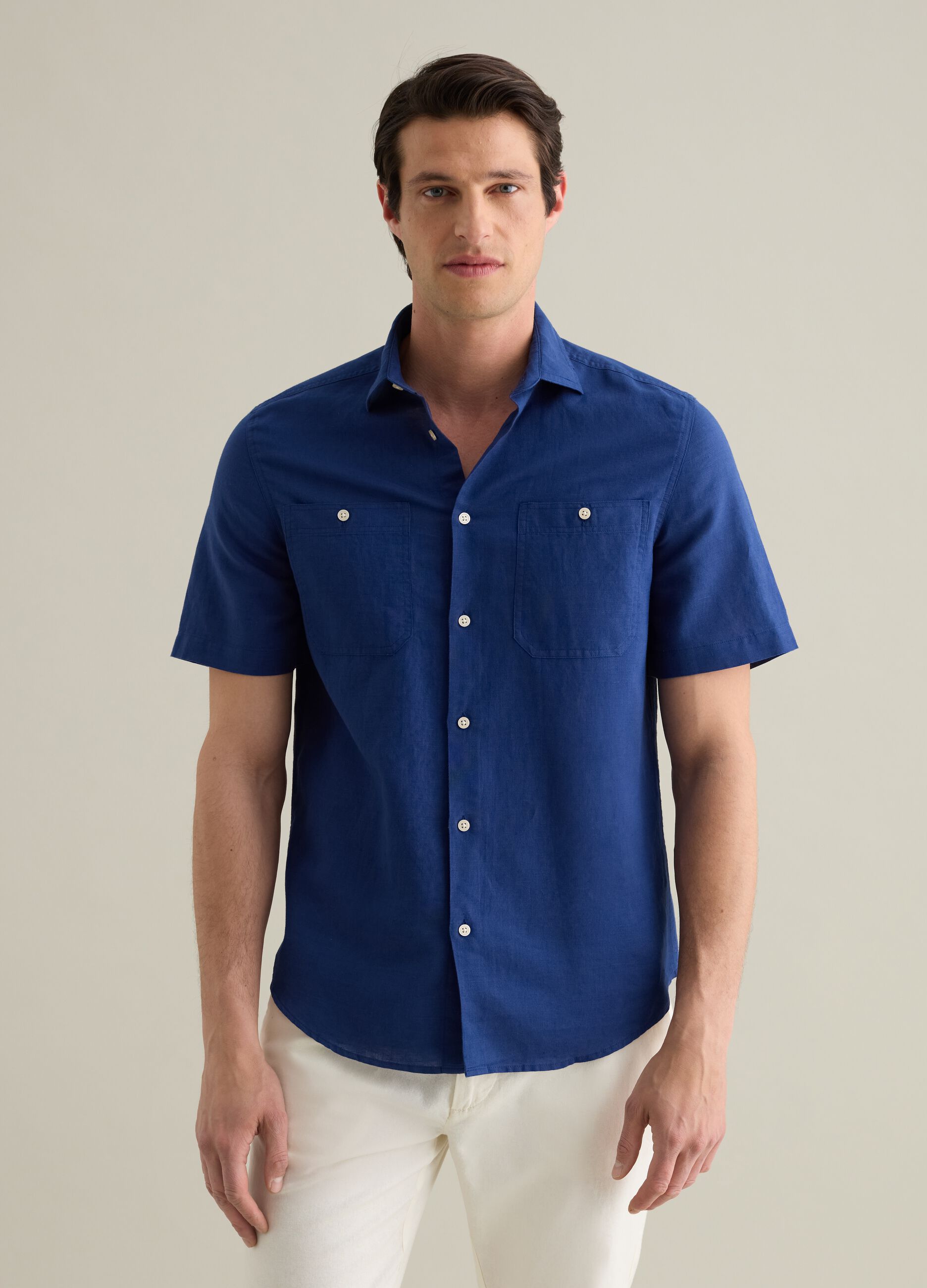 Camicia da uomo in lino e cotone blu regular fit con tasche