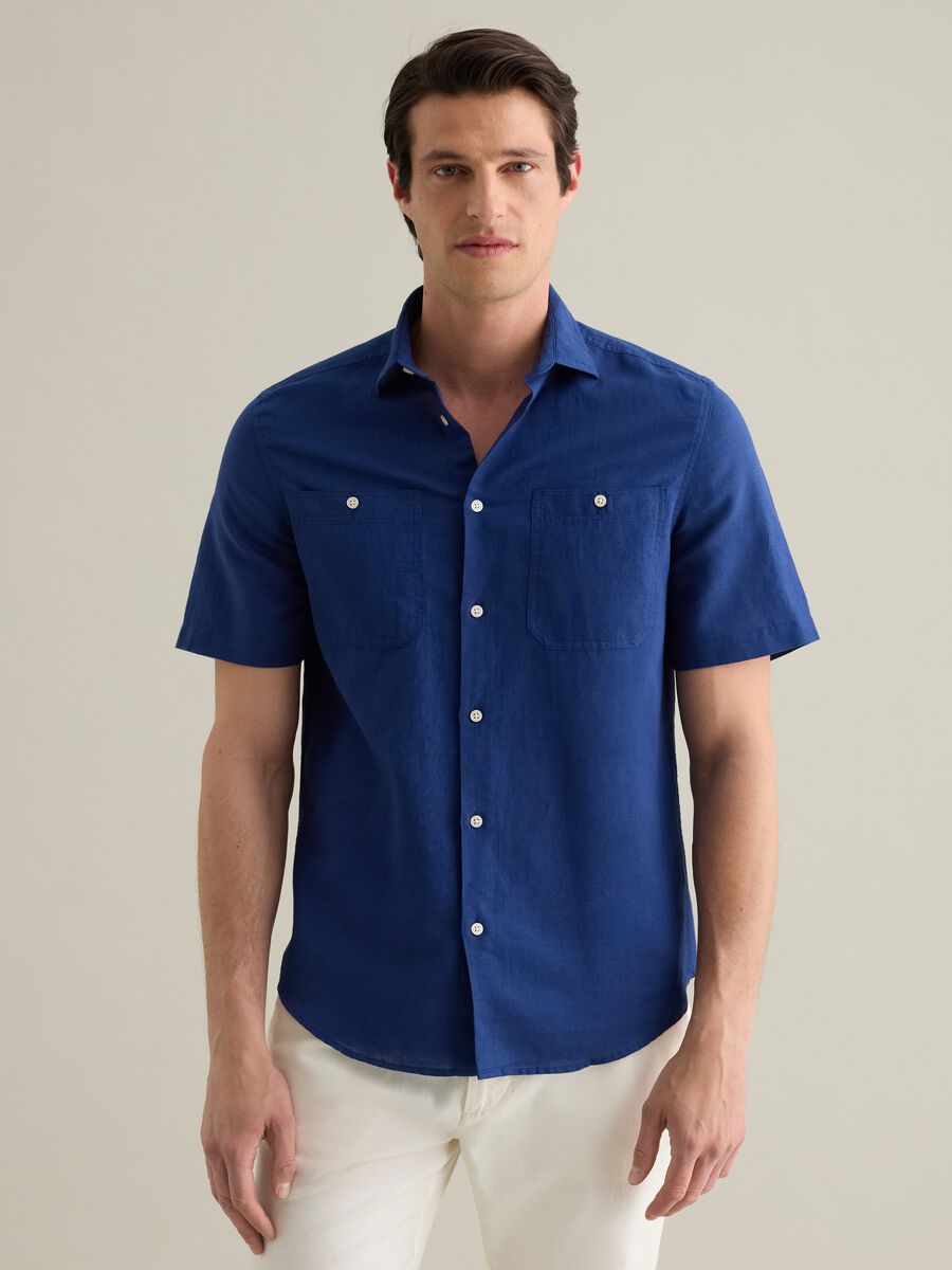 Blue Short Sleeve Linen and Cotton Piombo Shirt_0
