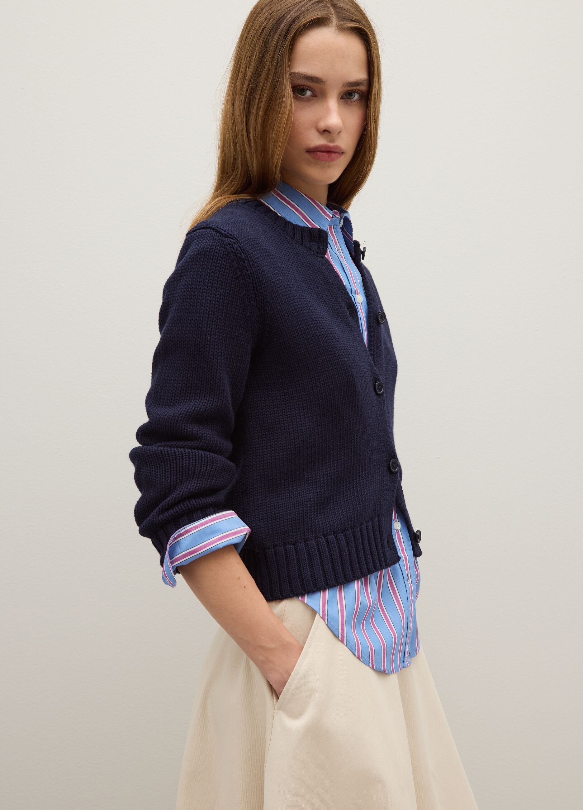 Blue pure cotton regular fit cardigan with buttons