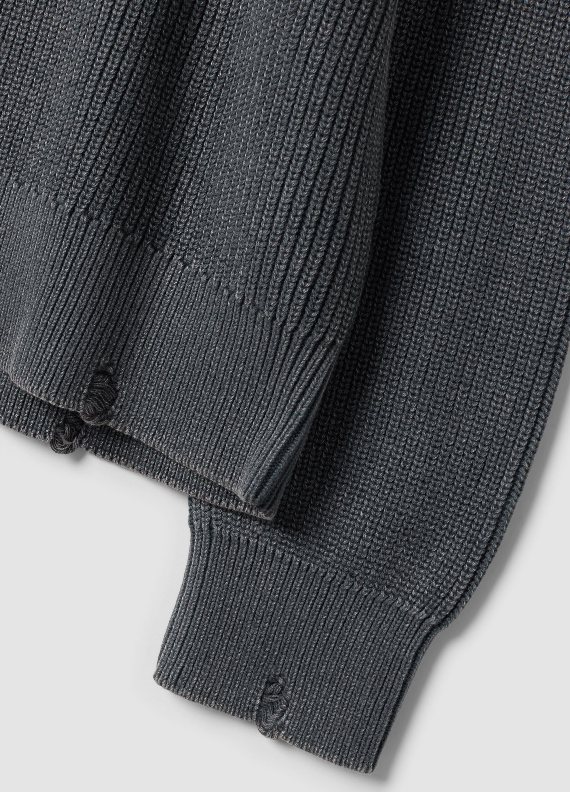 Grey pure cotton ribbed crew-neck jumper, regular fit