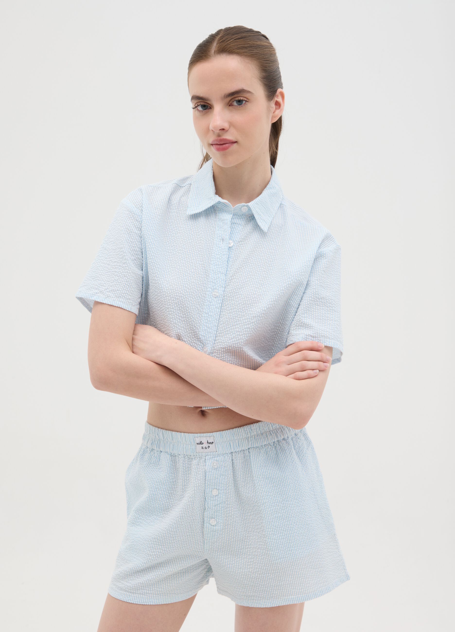 Sky Blue Seersucker Crop Shirt