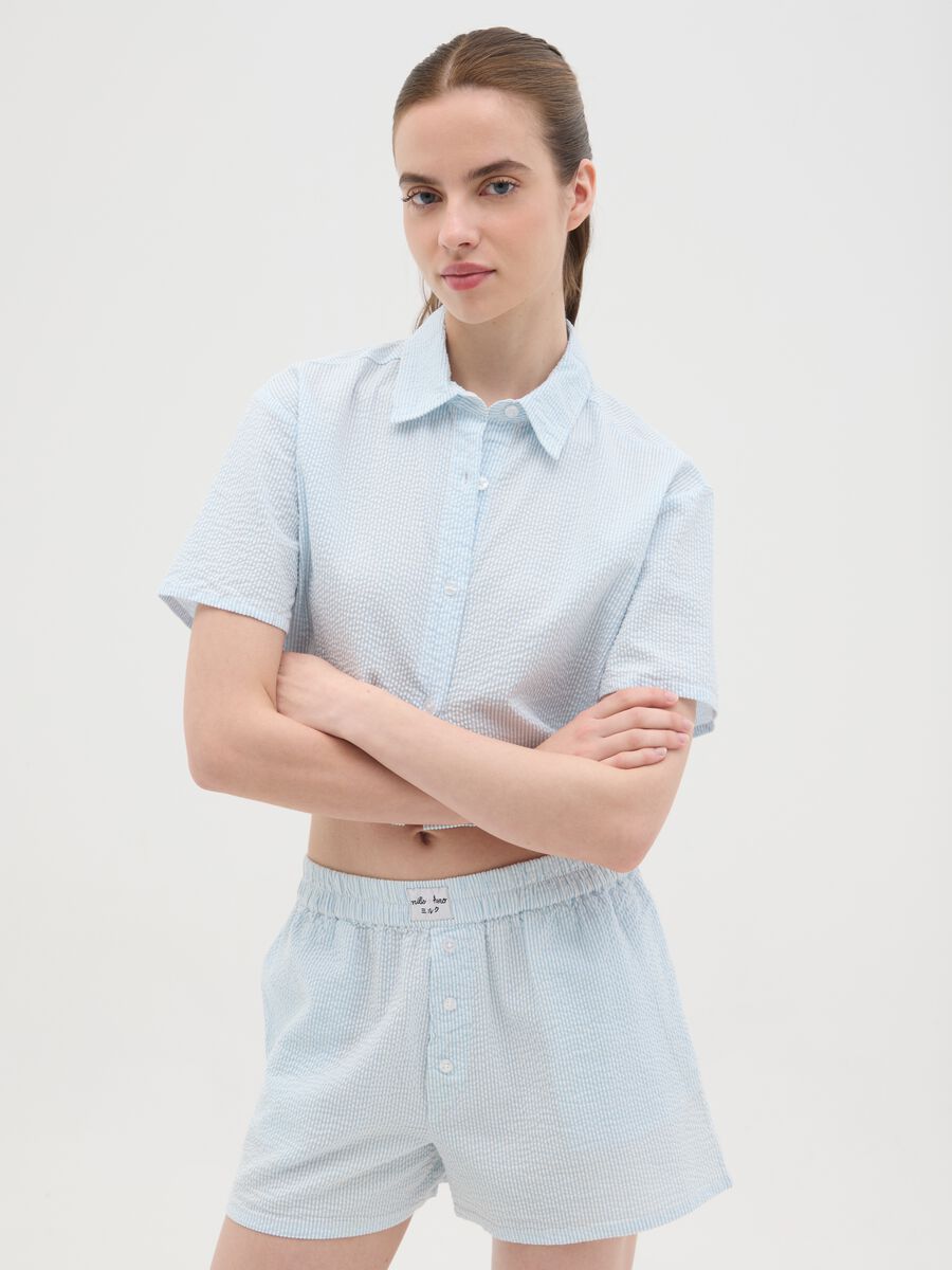 Sky Blue Seersucker Crop Shirt_0