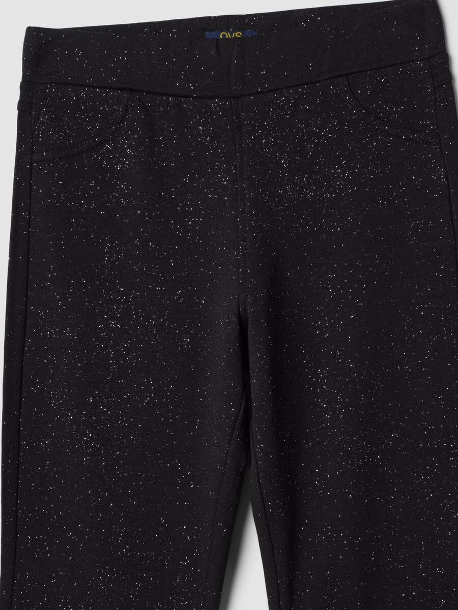 Pantaloni flare neri in cotone elasticizzato con stampa glitterata_2