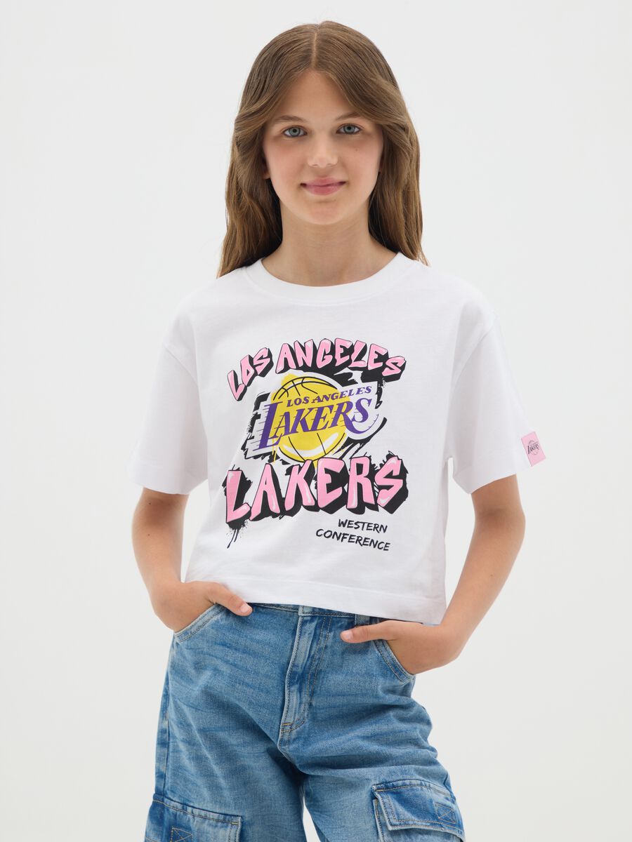 White pure cotton girls' T-shirt regular fit with NBA Los Angeles Lakers print_0