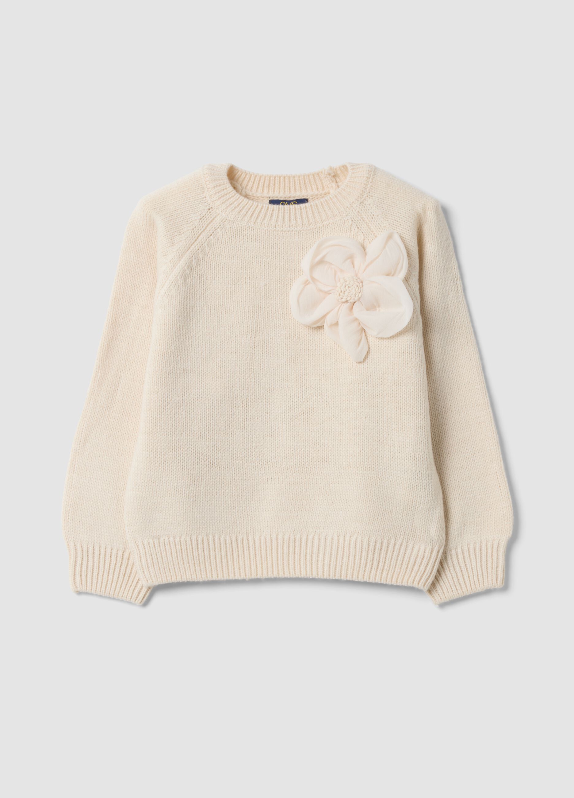 Beige crew-neck jumper with flower, regular fit
