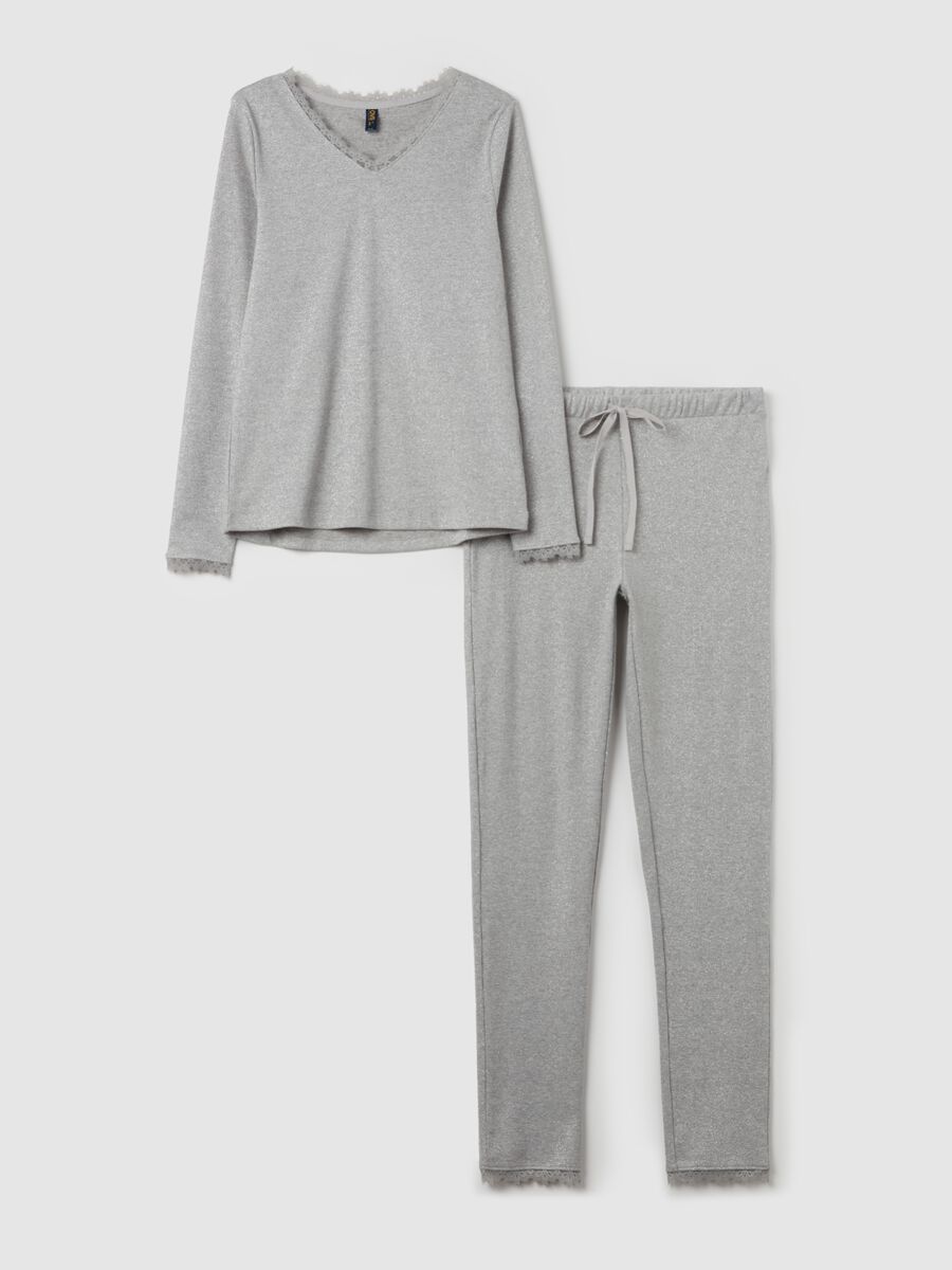 Full-length pyjamas with lurex and lace trim_4