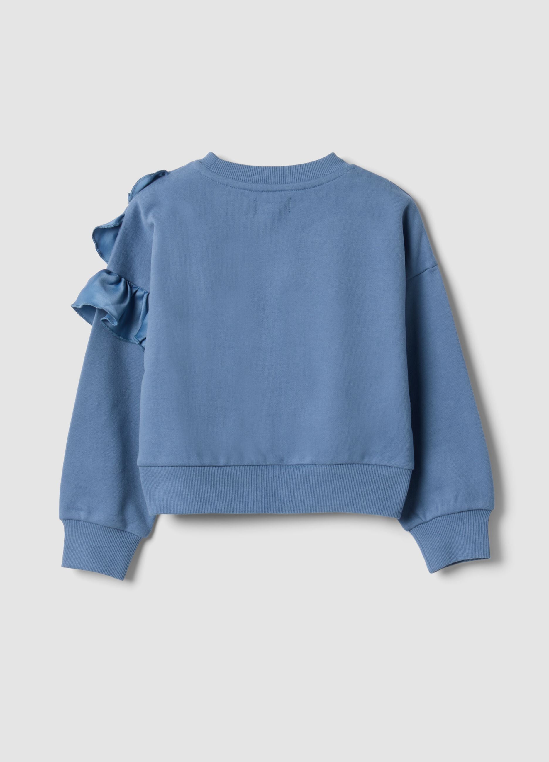 Blue pure cotton sweatshirt with ruffles and crew neck