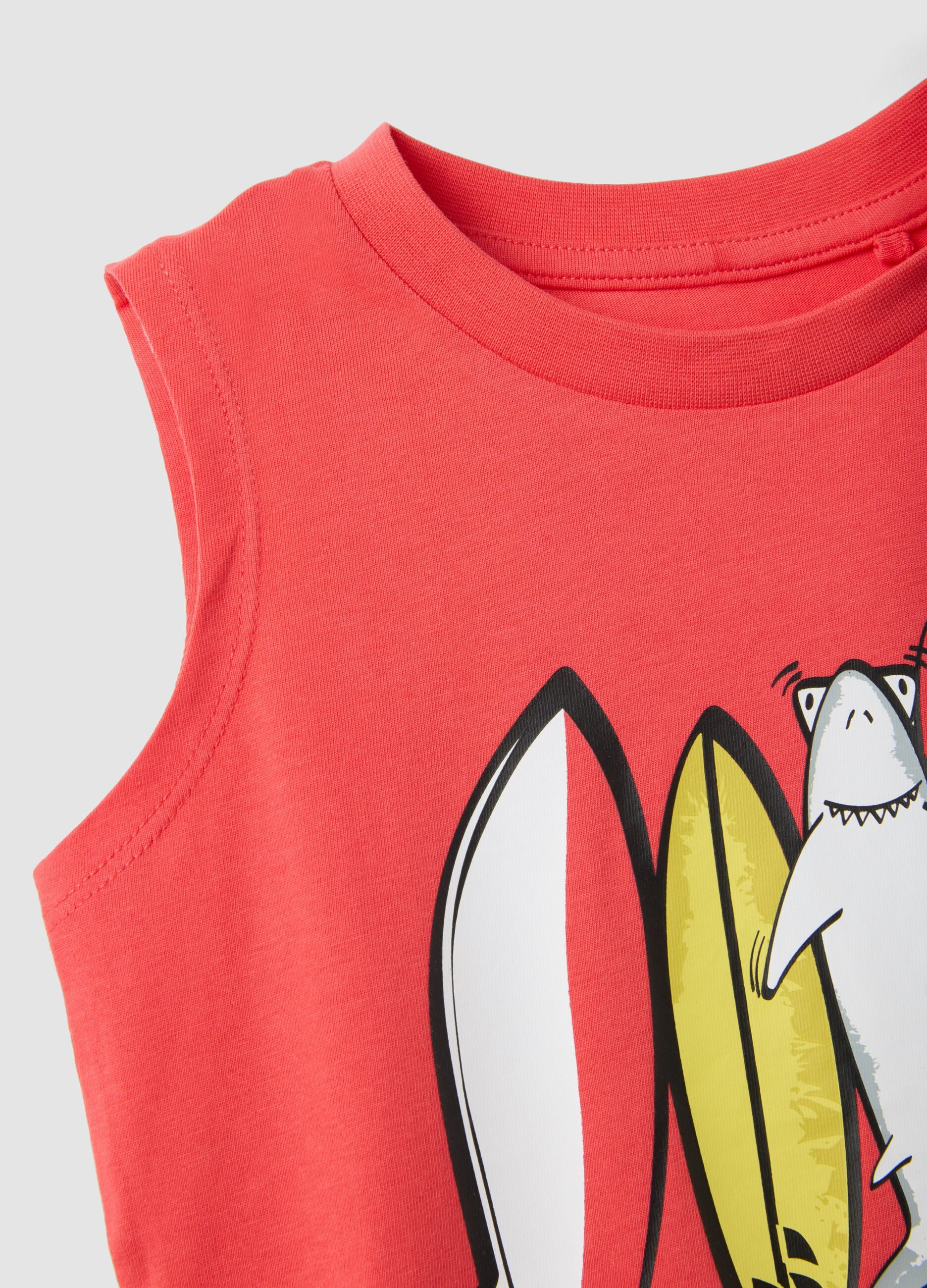 Red pure cotton surf print vest top