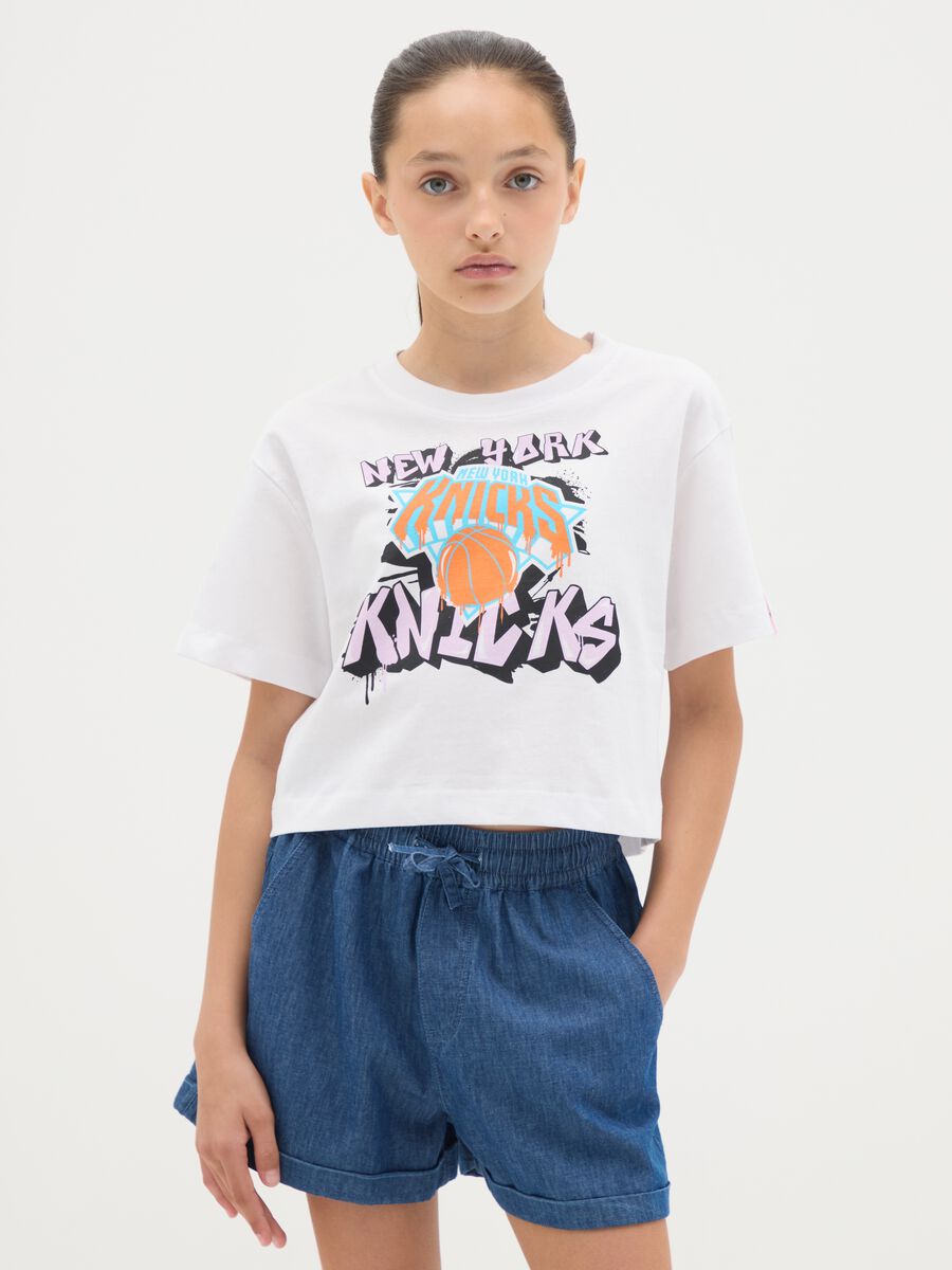 Girls' pure cotton white regular fit T-shirt with New York Knicks print_0
