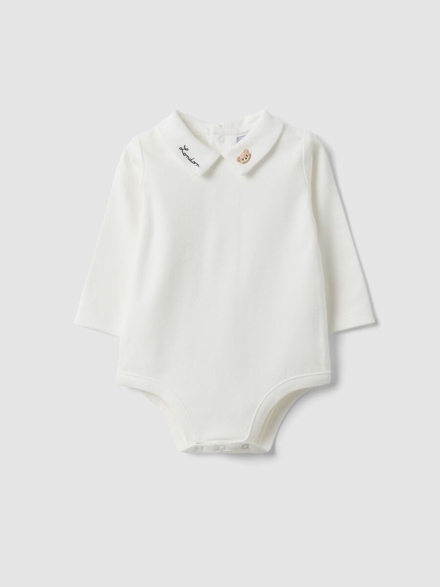 Body bianco in puro cotone organico con colletto per neonato_0