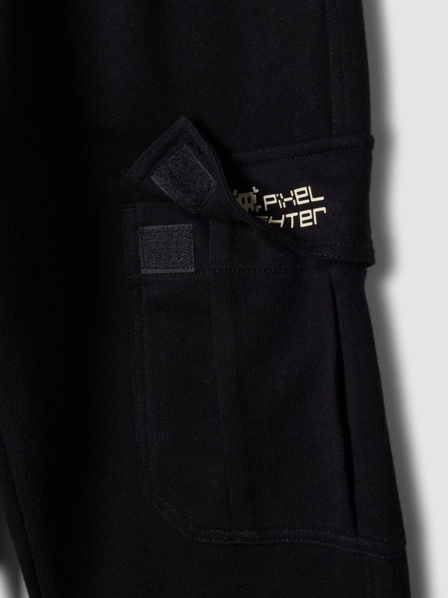 Black pure cotton cargo trousers with elasticated waist, oversized fit_1