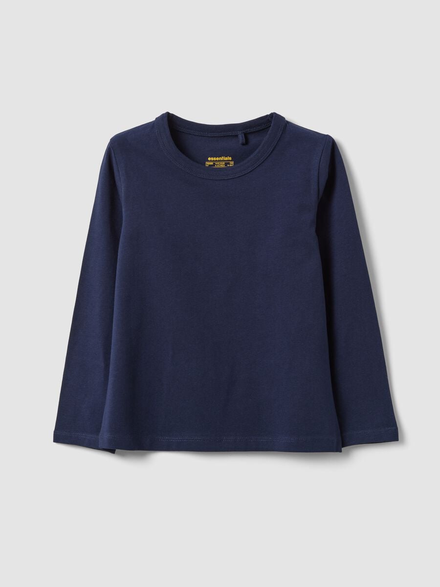 T-shirt blu a maniche lunghe in cotone elasticizzato_0