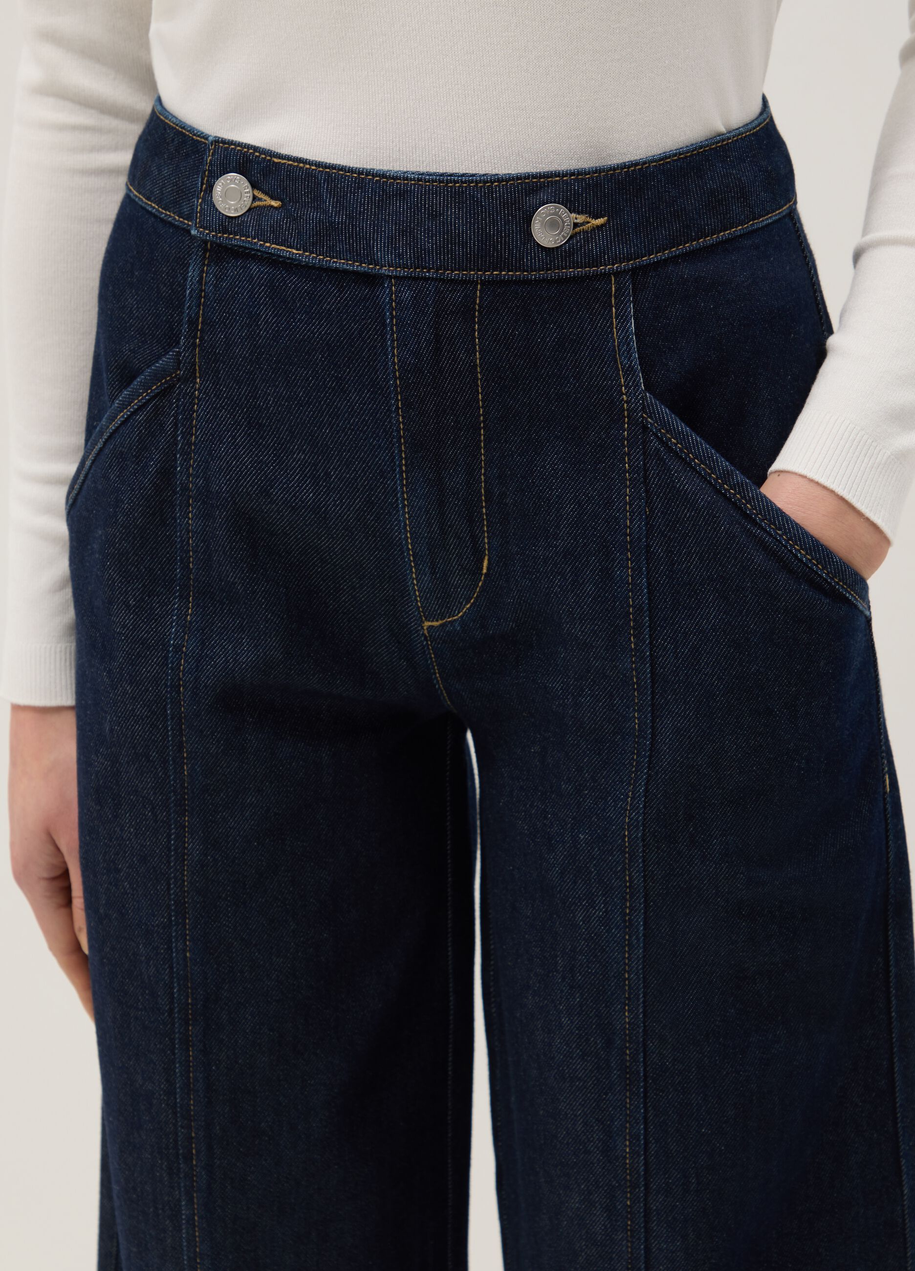 Blue Denim Wide Leg Trousers in Cotton Blend