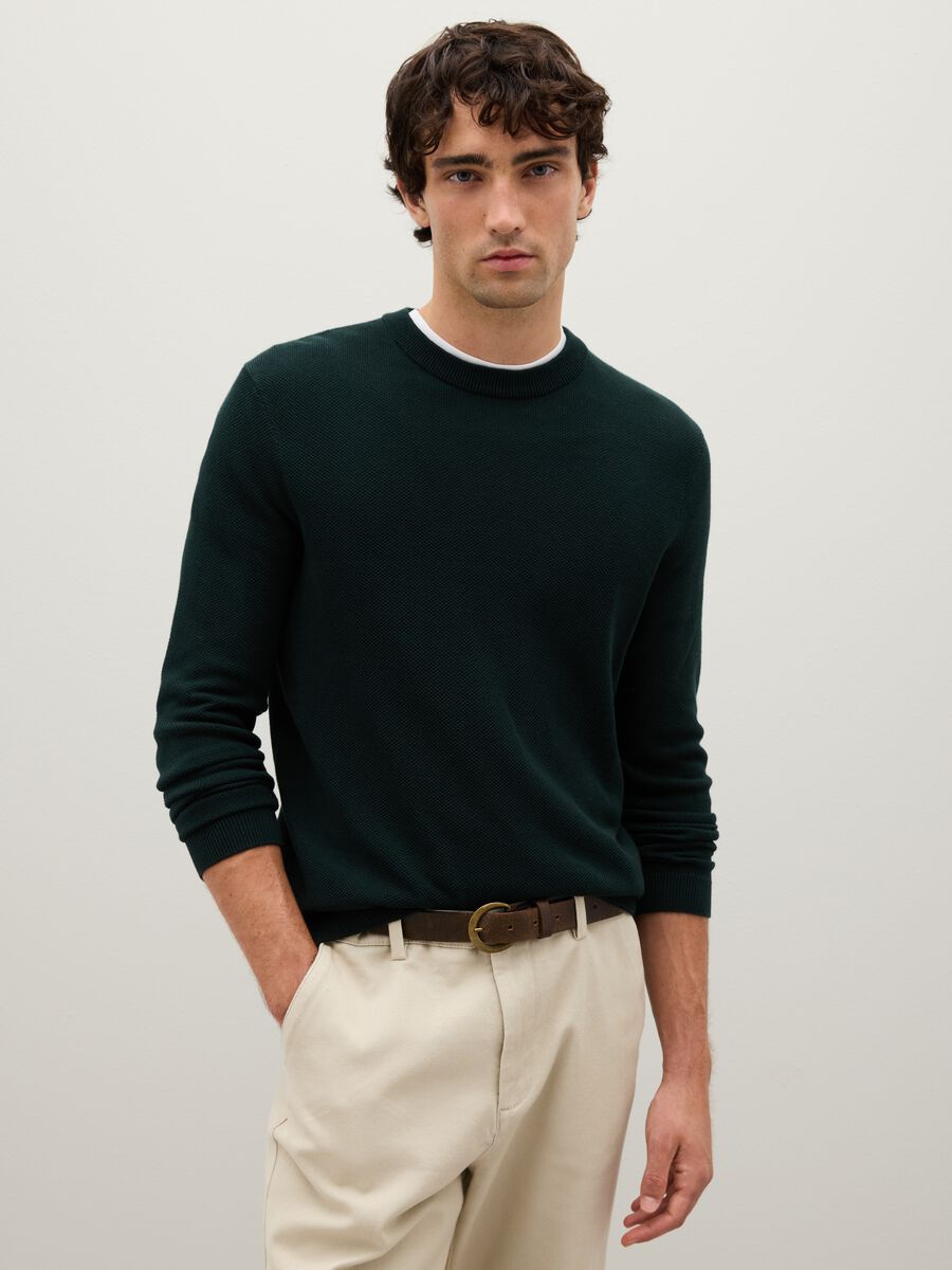 Blue Cotton Sweater with Round Neck_0