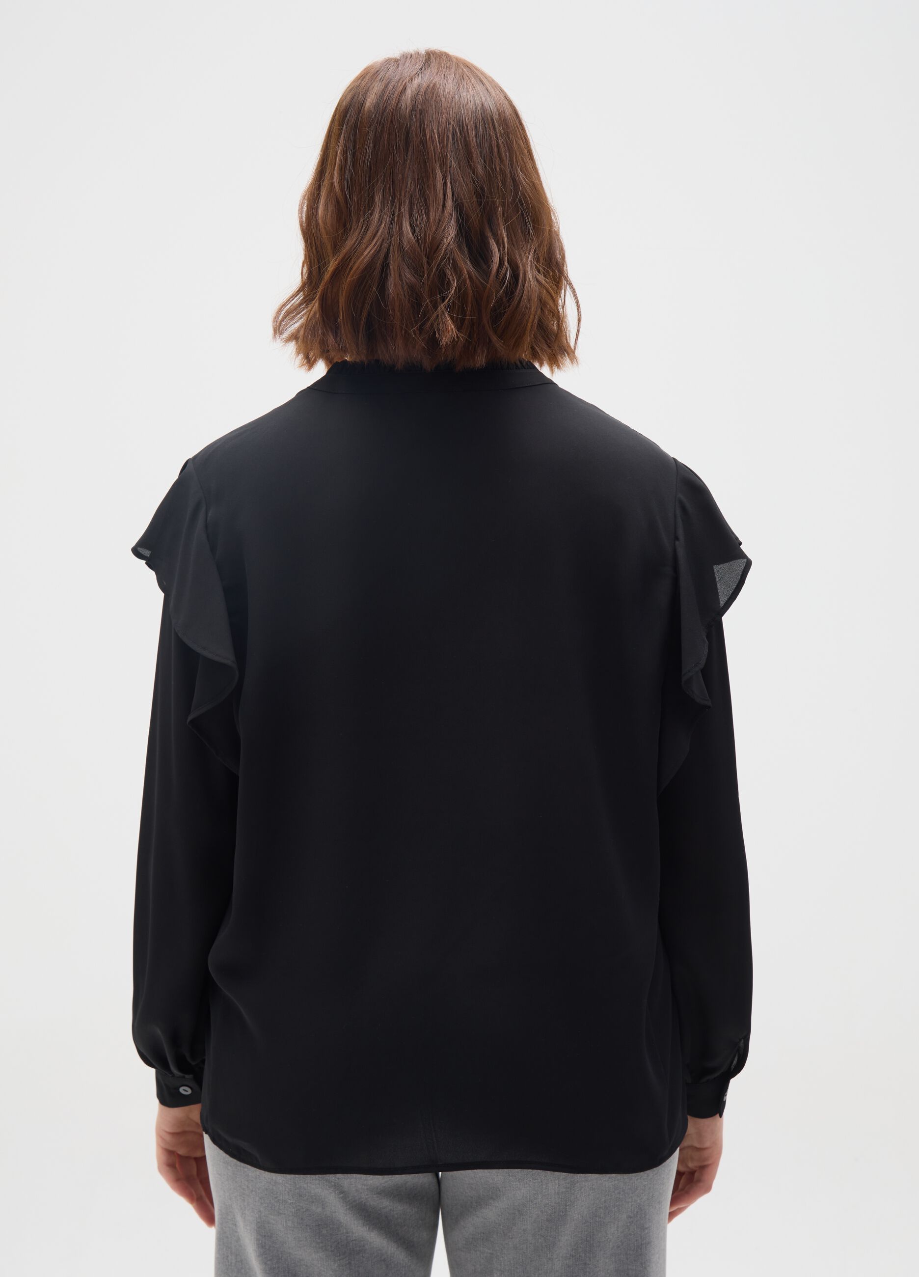 Black regular fit blouse with ruffles