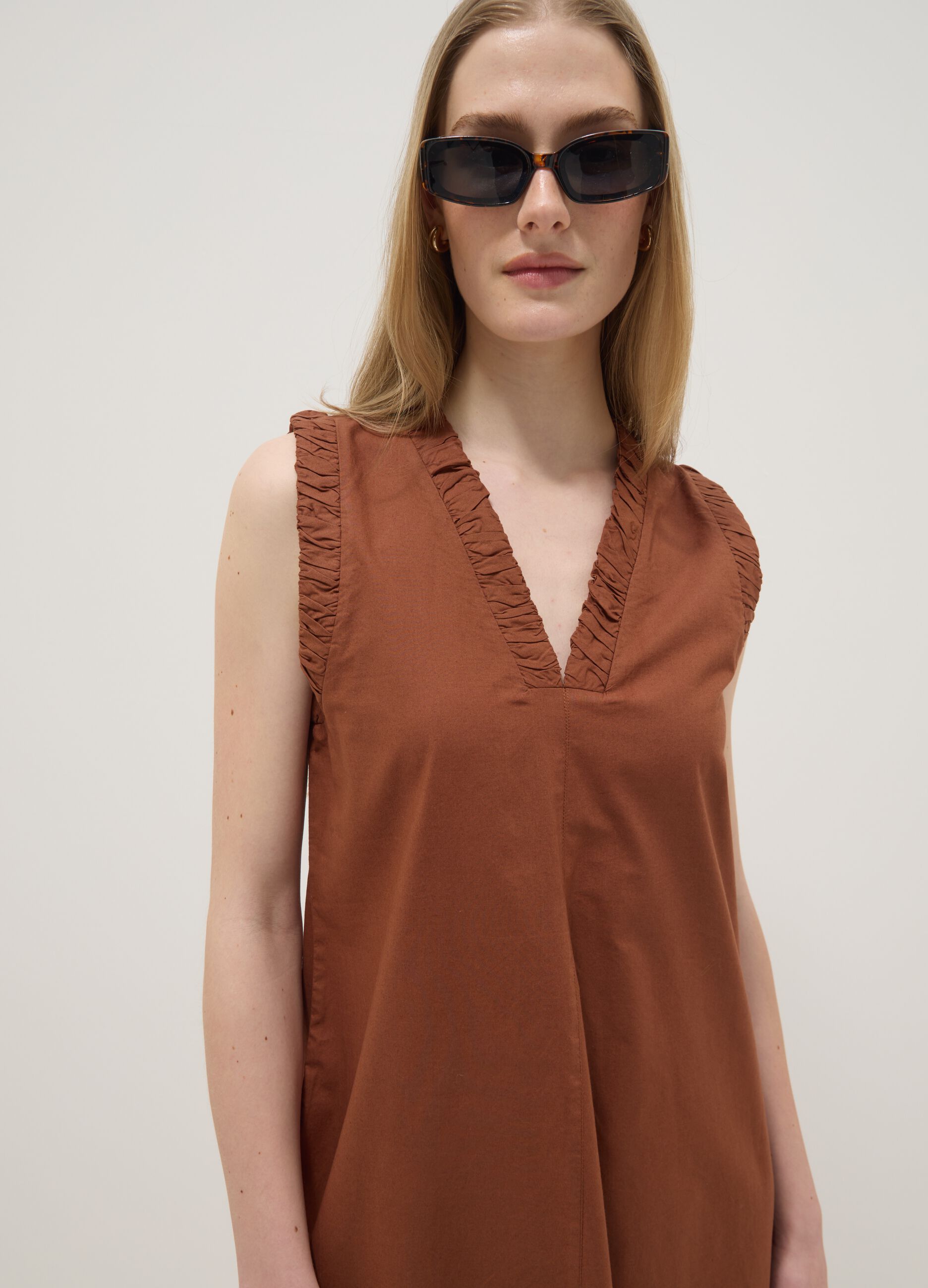 Brown pure cotton regular-fit mini dress with ruched V-neck