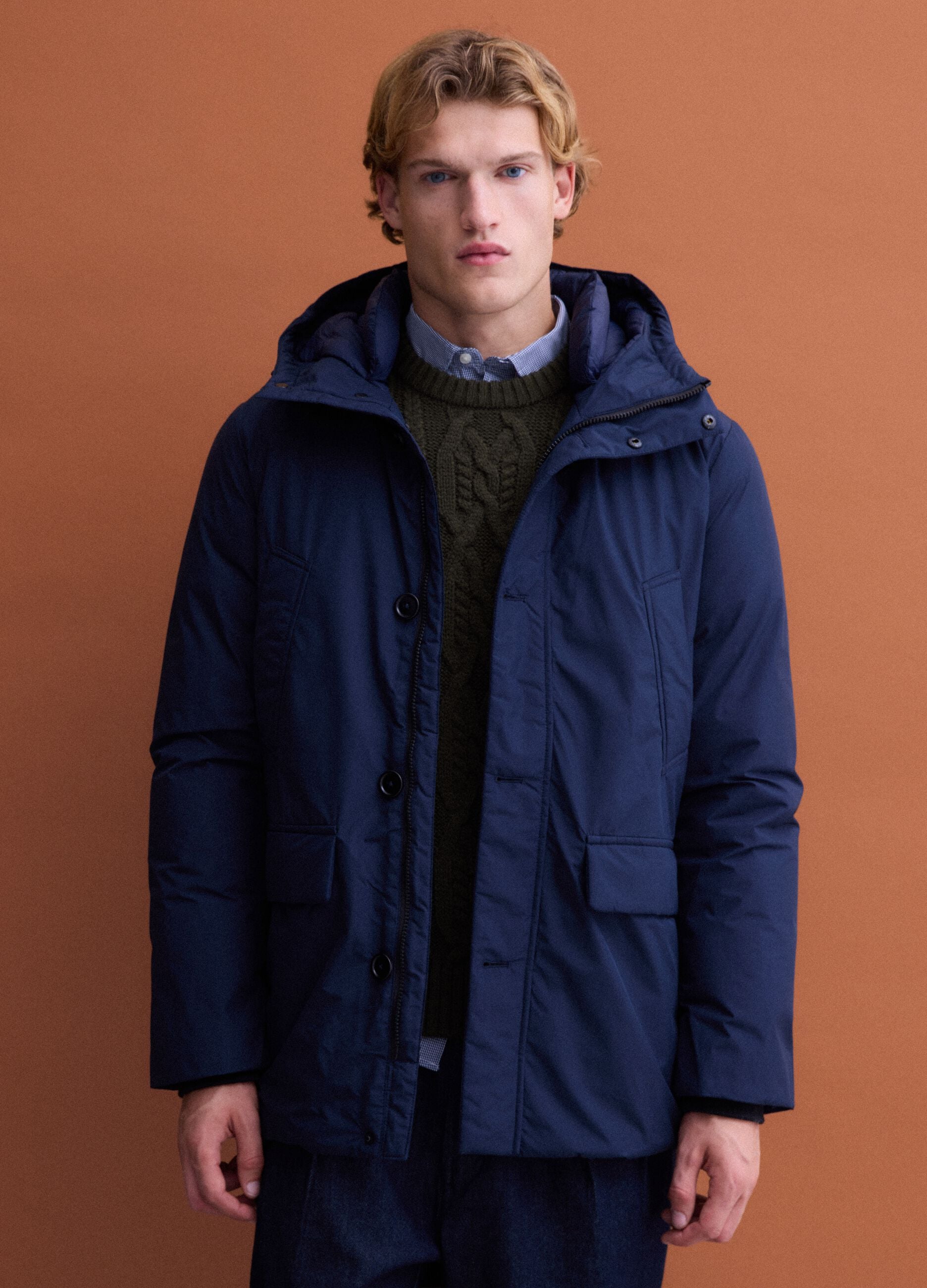 Parka imbottito lungo blu navy con cappuccio