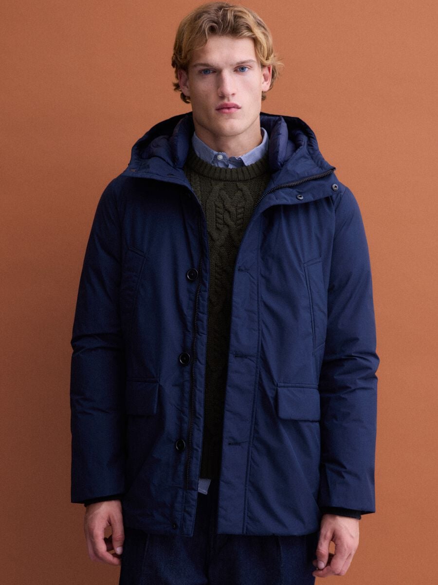 Parka imbottito lungo blu navy con cappuccio_0