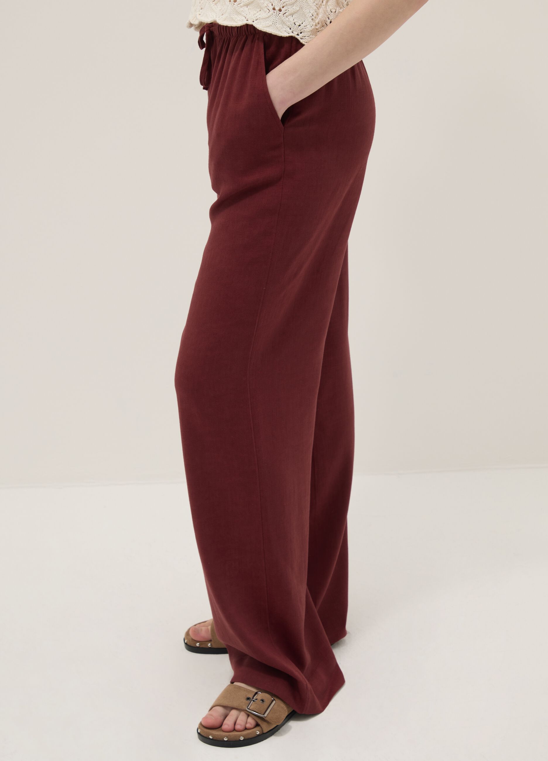 Red viscose-linen blend relaxed fit jogger trousers