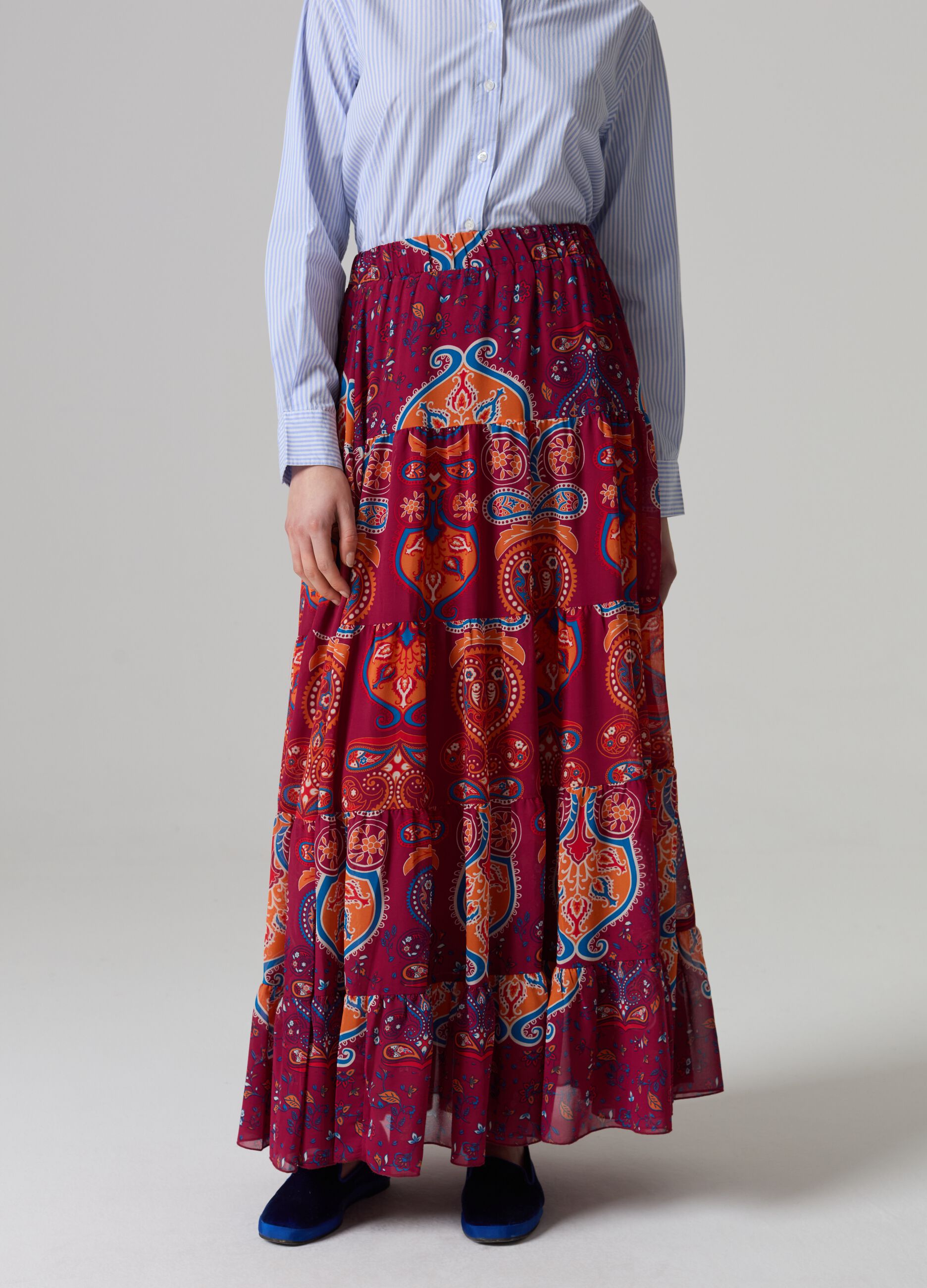 Long tiered skirt with folk print