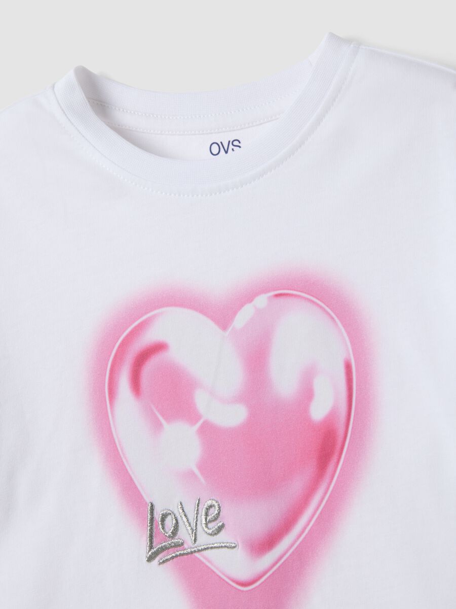 White pure cotton crew-neck T-shirt with heart print for girls_2