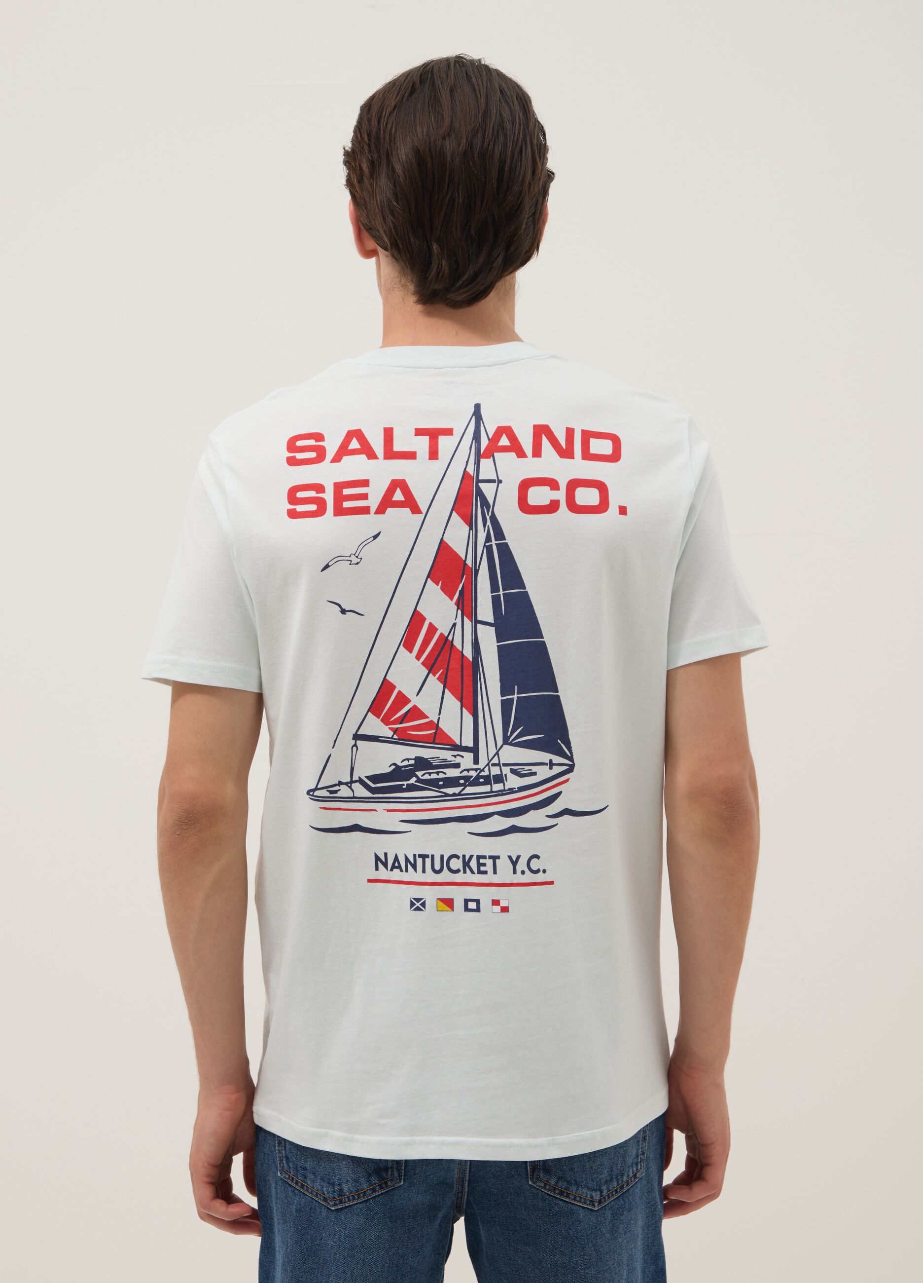 Light blue pure cotton T-shirt with front print