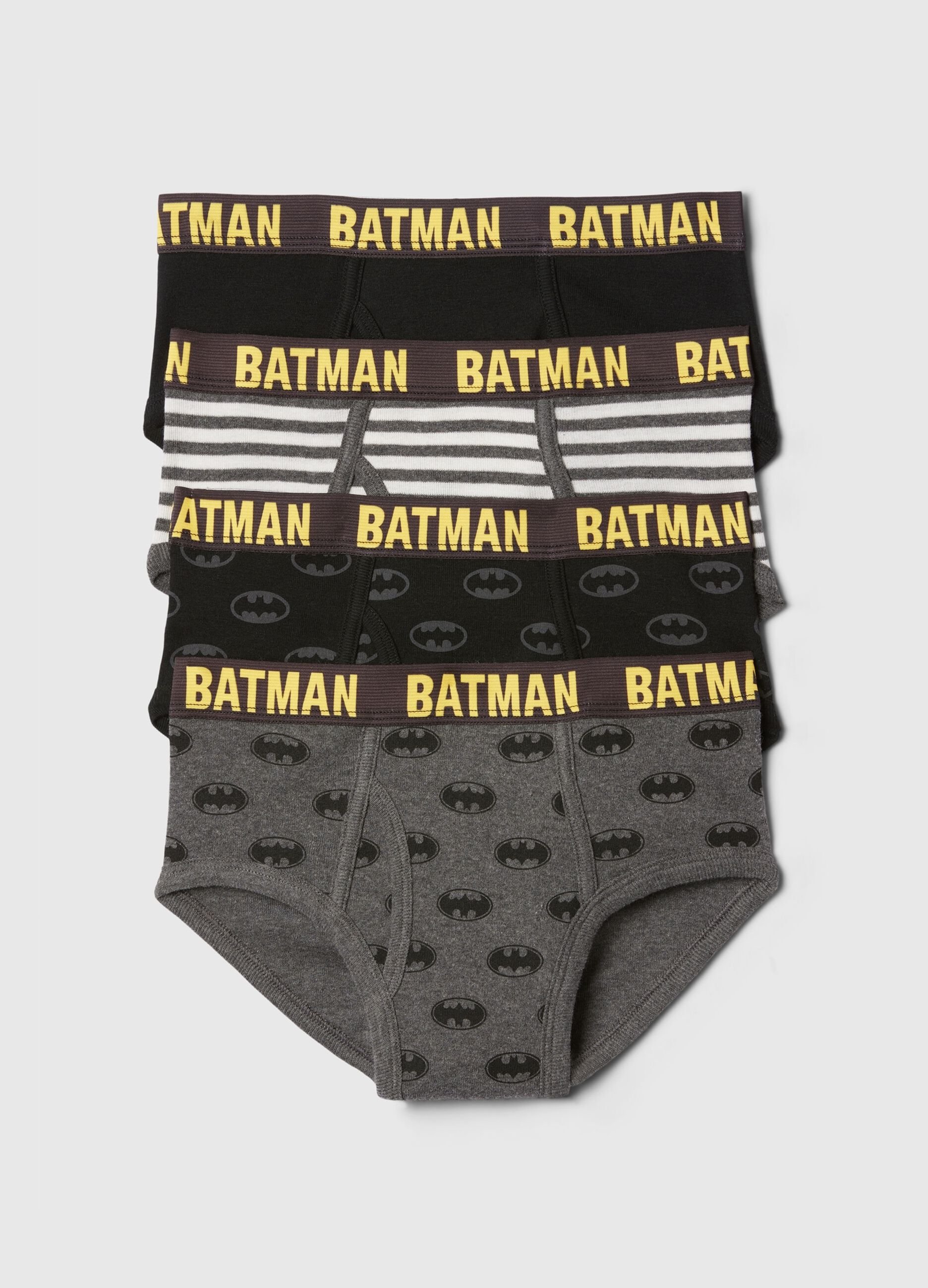Four-pack briefs with Batman pattern and print