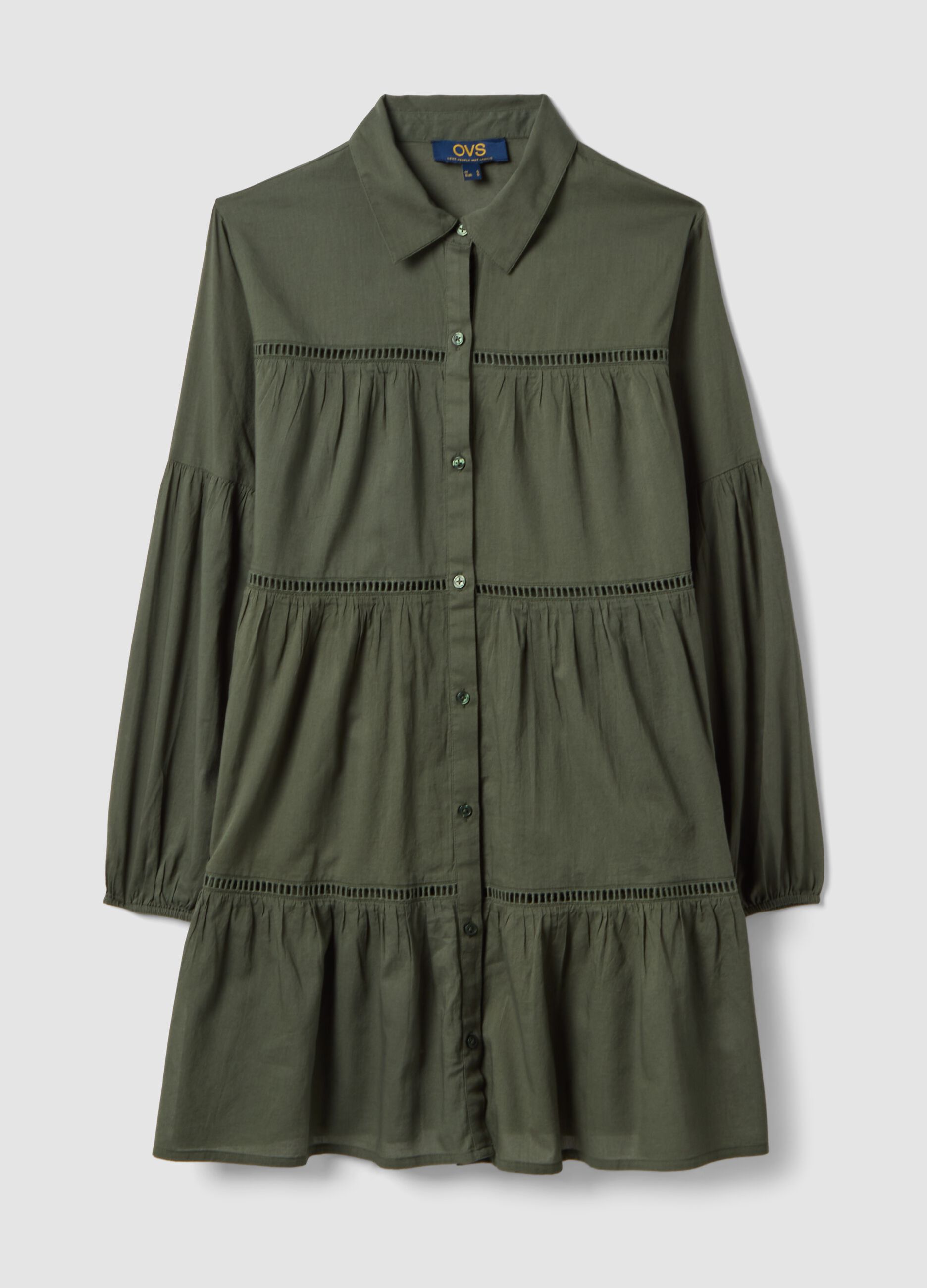 Green pure organic cotton kaftan with ruffles and broderie inserts