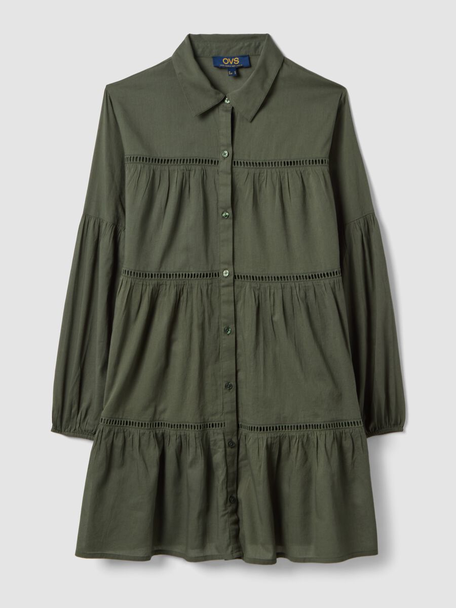 Green pure organic cotton kaftan with ruffles and broderie inserts_0