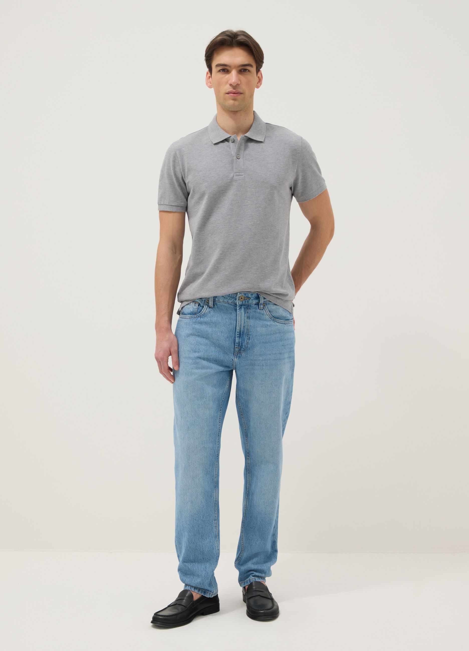 Grey pure cotton short-sleeve polo shirt, regular fit